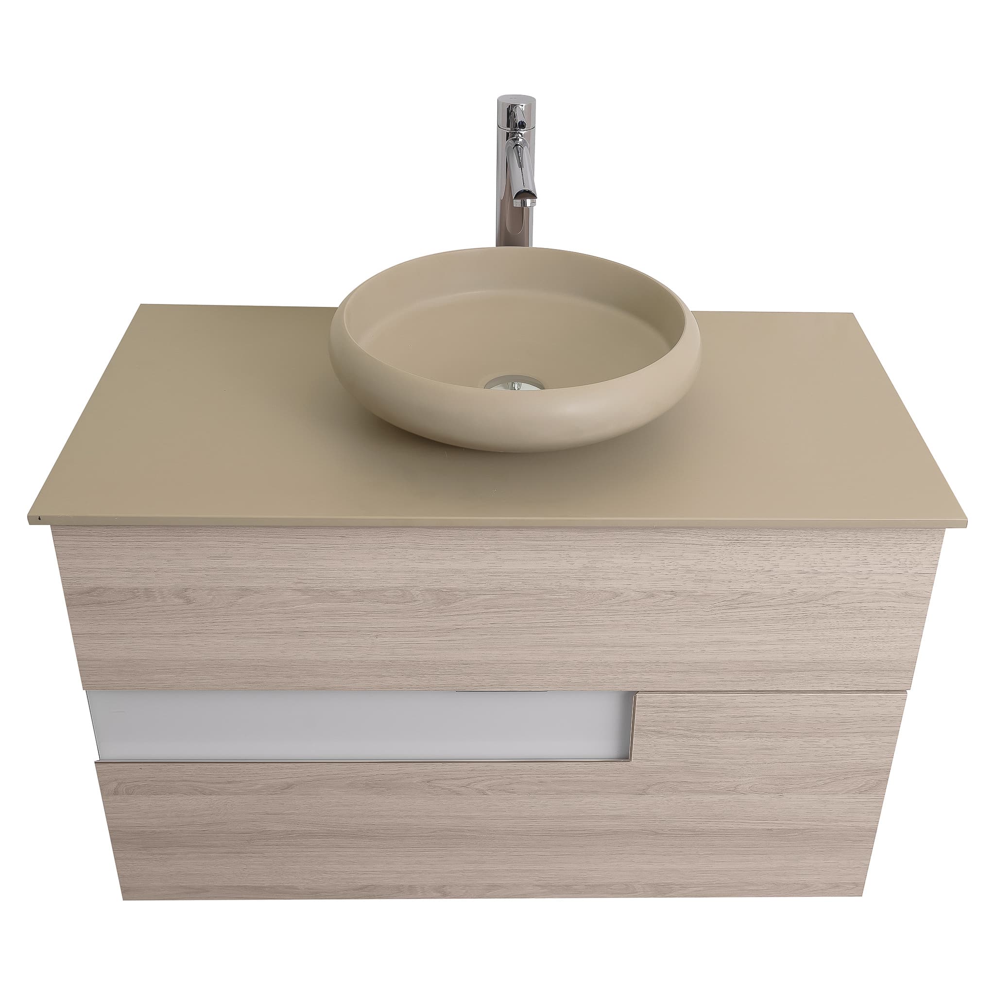 Vision 31.5 Natural Light Wood Cabinet, Solid Surface Flat Taupe Counter And Round Solid Surface Taupe Basin 1153, Wall Mounted Modern Vanity Set