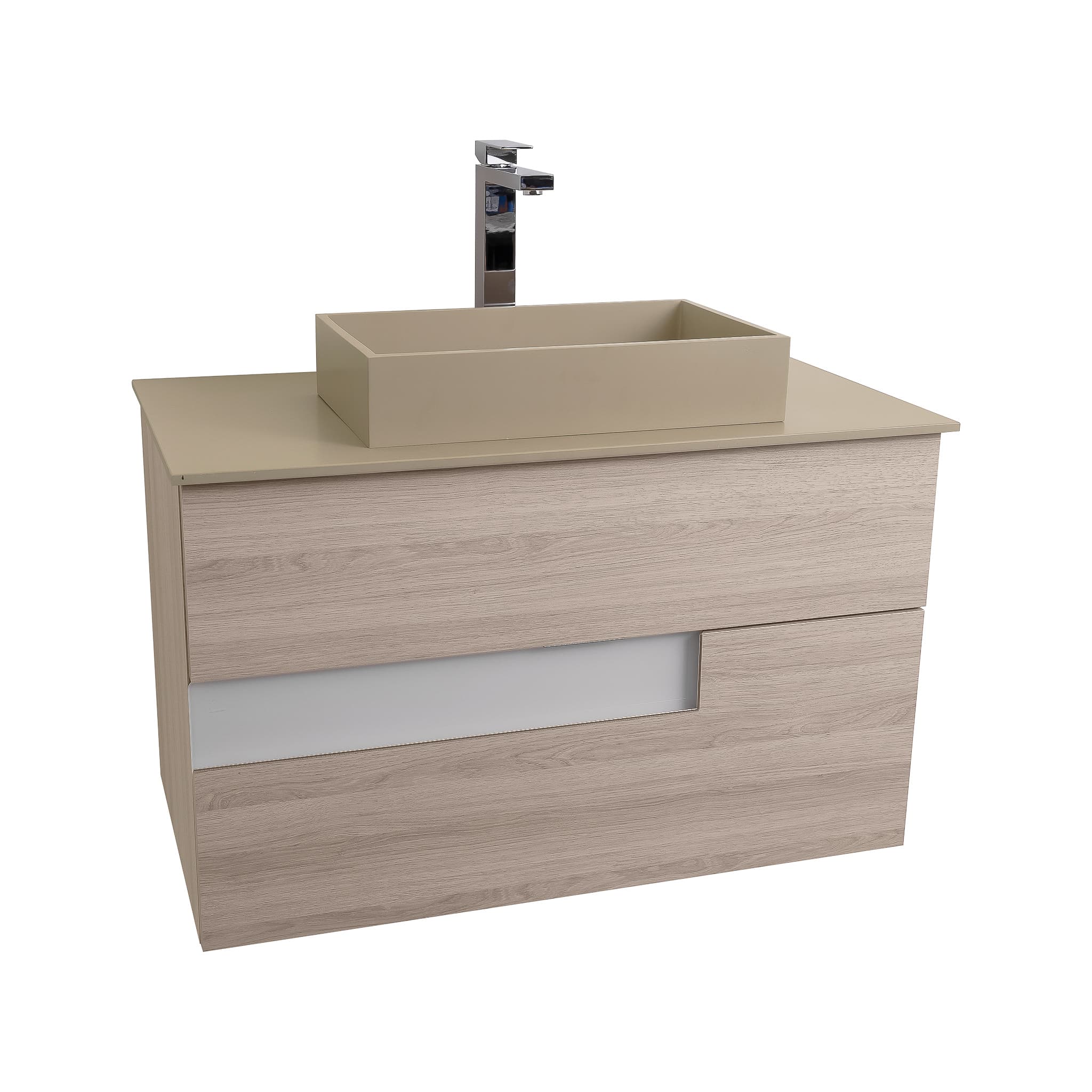 Vision 31.5 Natural Light Wood Cabinet, Solid Surface Flat Taupe Counter And Infinity Square Solid Surface Taupe Basin 1329, Wall Mounted Modern Vanity Set