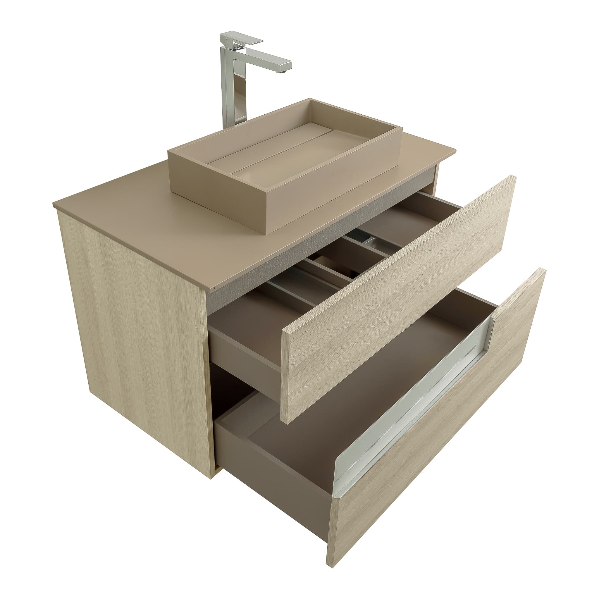 Vision 31.5 Natural Light Wood Cabinet, Solid Surface Flat Taupe Counter And Infinity Square Solid Surface Taupe Basin 1329, Wall Mounted Modern Vanity Set