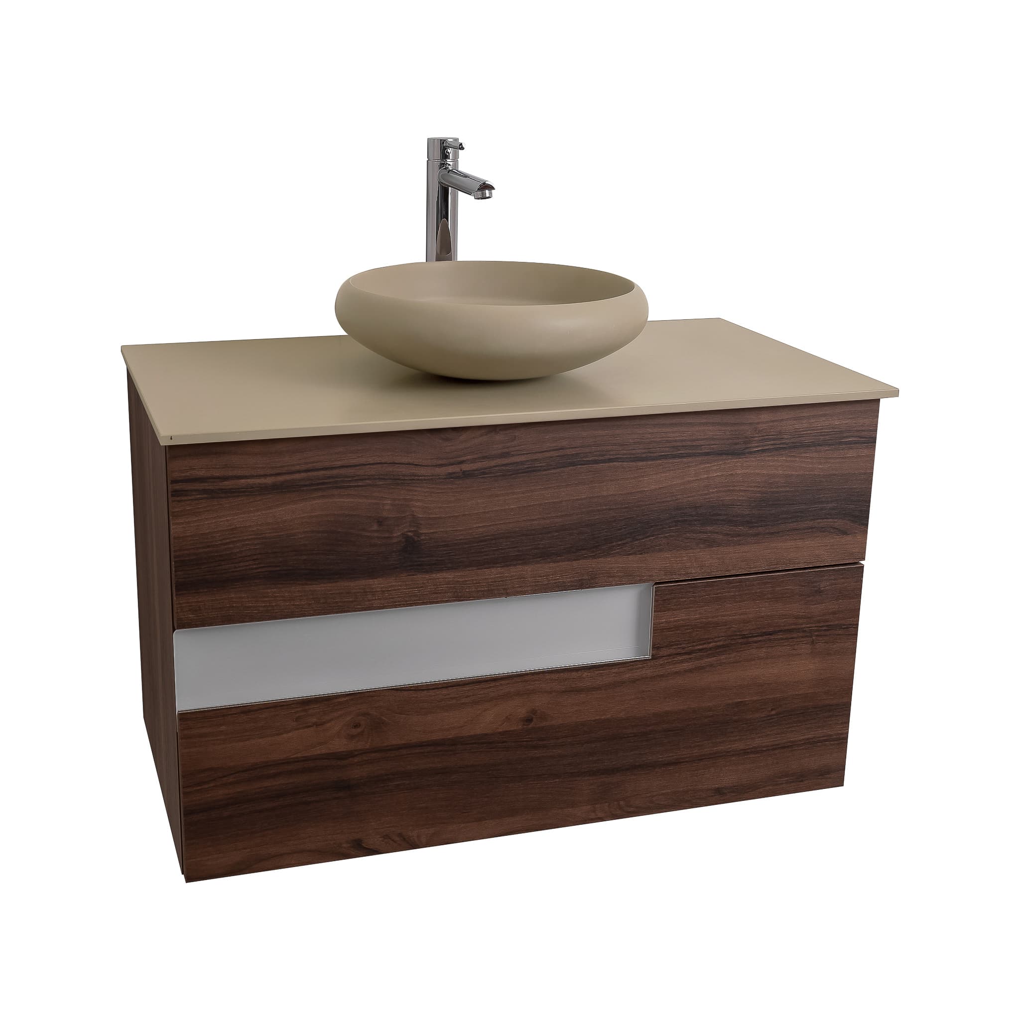 Vision 31.5 Valenti Medium Brown Wood Cabinet, Solid Surface Flat Taupe Counter And Round Solid Surface Taupe Basin 1153, Wall Mounted Modern Vanity Set