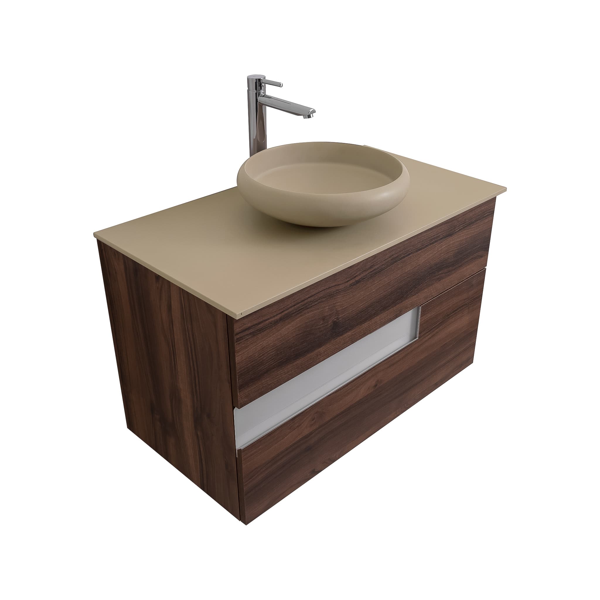 Vision 31.5 Valenti Medium Brown Wood Cabinet, Solid Surface Flat Taupe Counter And Round Solid Surface Taupe Basin 1153, Wall Mounted Modern Vanity Set