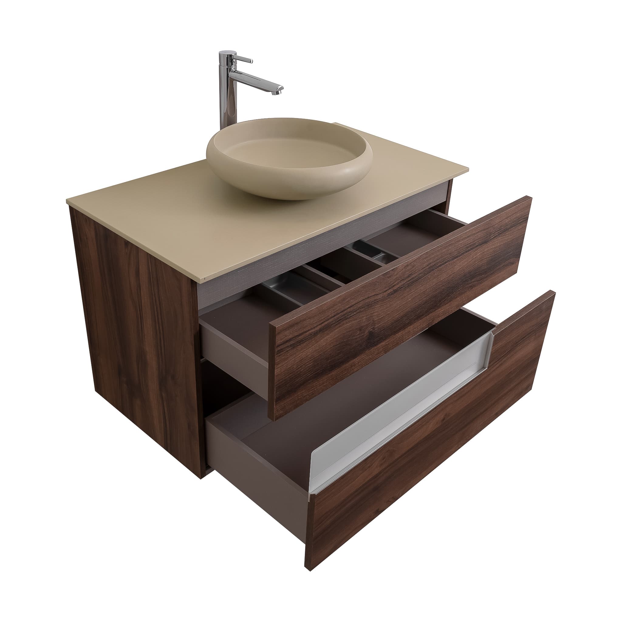 Vision 31.5 Valenti Medium Brown Wood Cabinet, Solid Surface Flat Taupe Counter And Round Solid Surface Taupe Basin 1153, Wall Mounted Modern Vanity Set