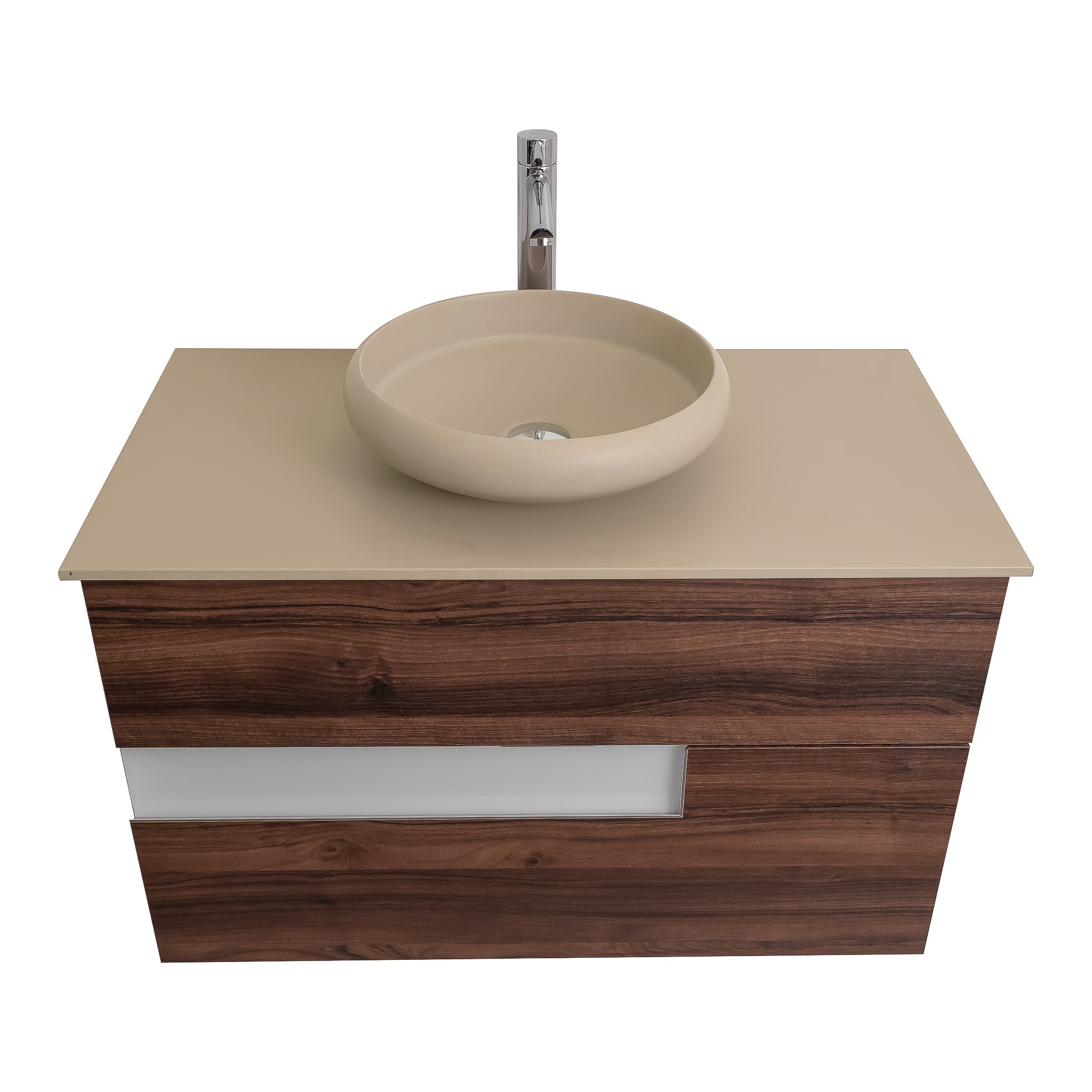 Vision 31.5 Valenti Medium Brown Wood Cabinet, Solid Surface Flat Taupe Counter And Round Solid Surface Taupe Basin 1153, Wall Mounted Modern Vanity Set