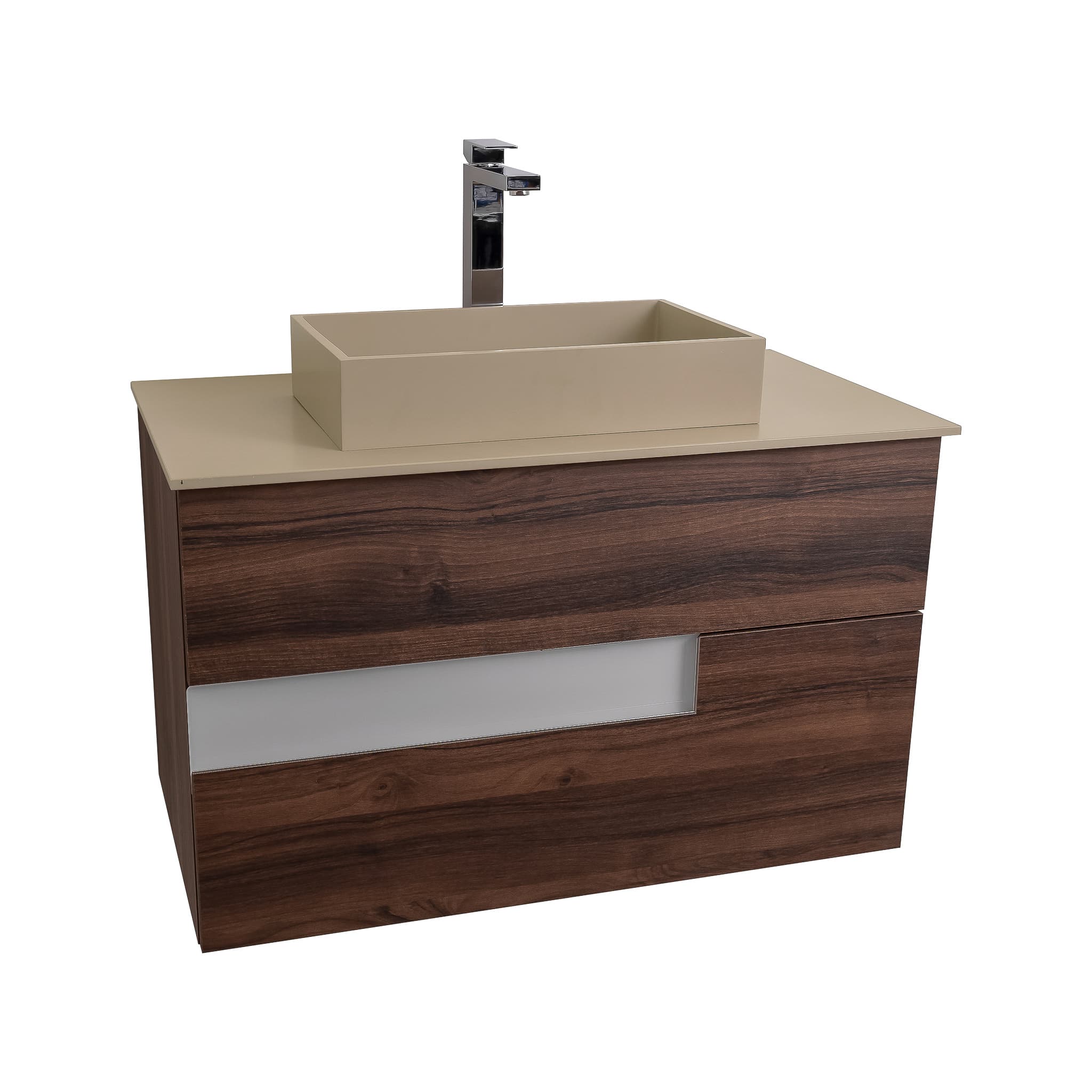 Vision 31.5 Valenti Medium Brown Wood Cabinet, Solid Surface Flat Taupe Counter And Infinity Square Solid Surface Taupe Basin 1329, Wall Mounted Modern Vanity Set