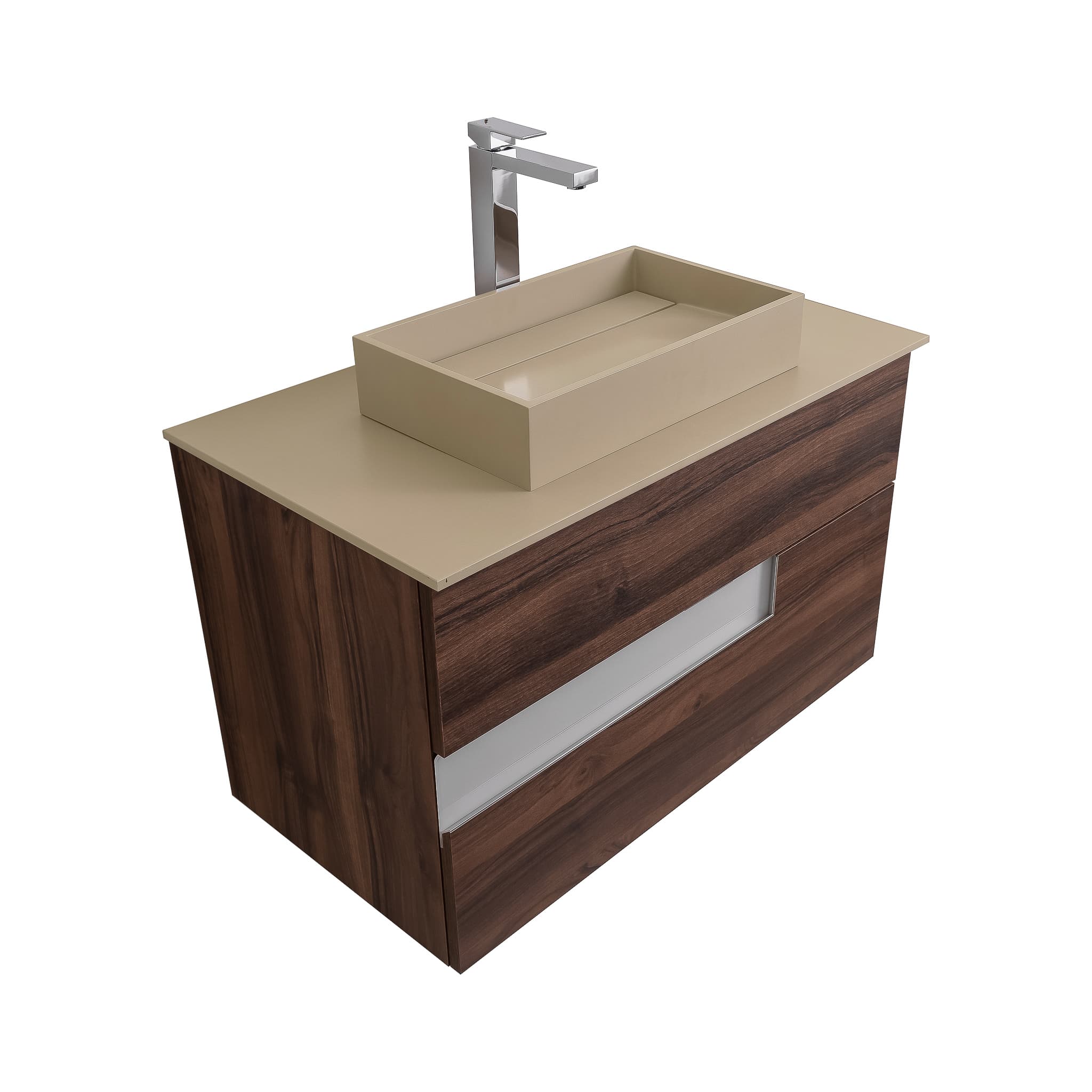 Vision 31.5 Valenti Medium Brown Wood Cabinet, Solid Surface Flat Taupe Counter And Infinity Square Solid Surface Taupe Basin 1329, Wall Mounted Modern Vanity Set