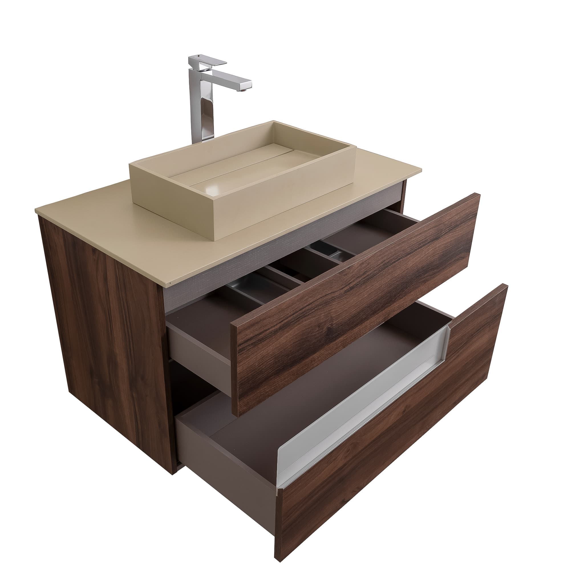 Vision 31.5 Valenti Medium Brown Wood Cabinet, Solid Surface Flat Taupe Counter And Infinity Square Solid Surface Taupe Basin 1329, Wall Mounted Modern Vanity Set