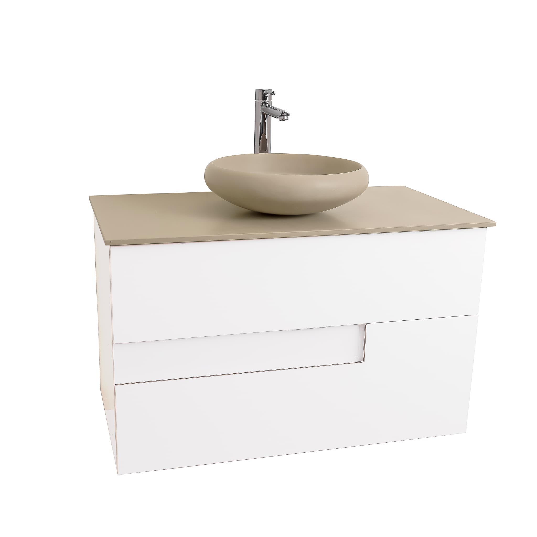 Vision 31.5 White High Gloss Cabinet, Solid Surface Flat Taupe Counter And Round Solid Surface Taupe Basin 1153, Wall Mounted Modern Vanity Set