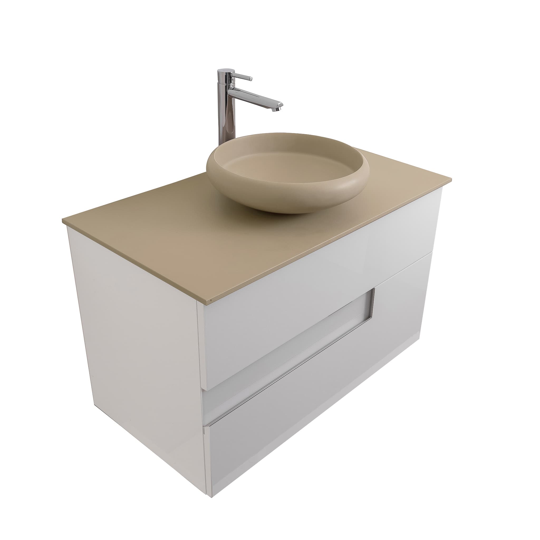 Vision 31.5 White High Gloss Cabinet, Solid Surface Flat Taupe Counter And Round Solid Surface Taupe Basin 1153, Wall Mounted Modern Vanity Set