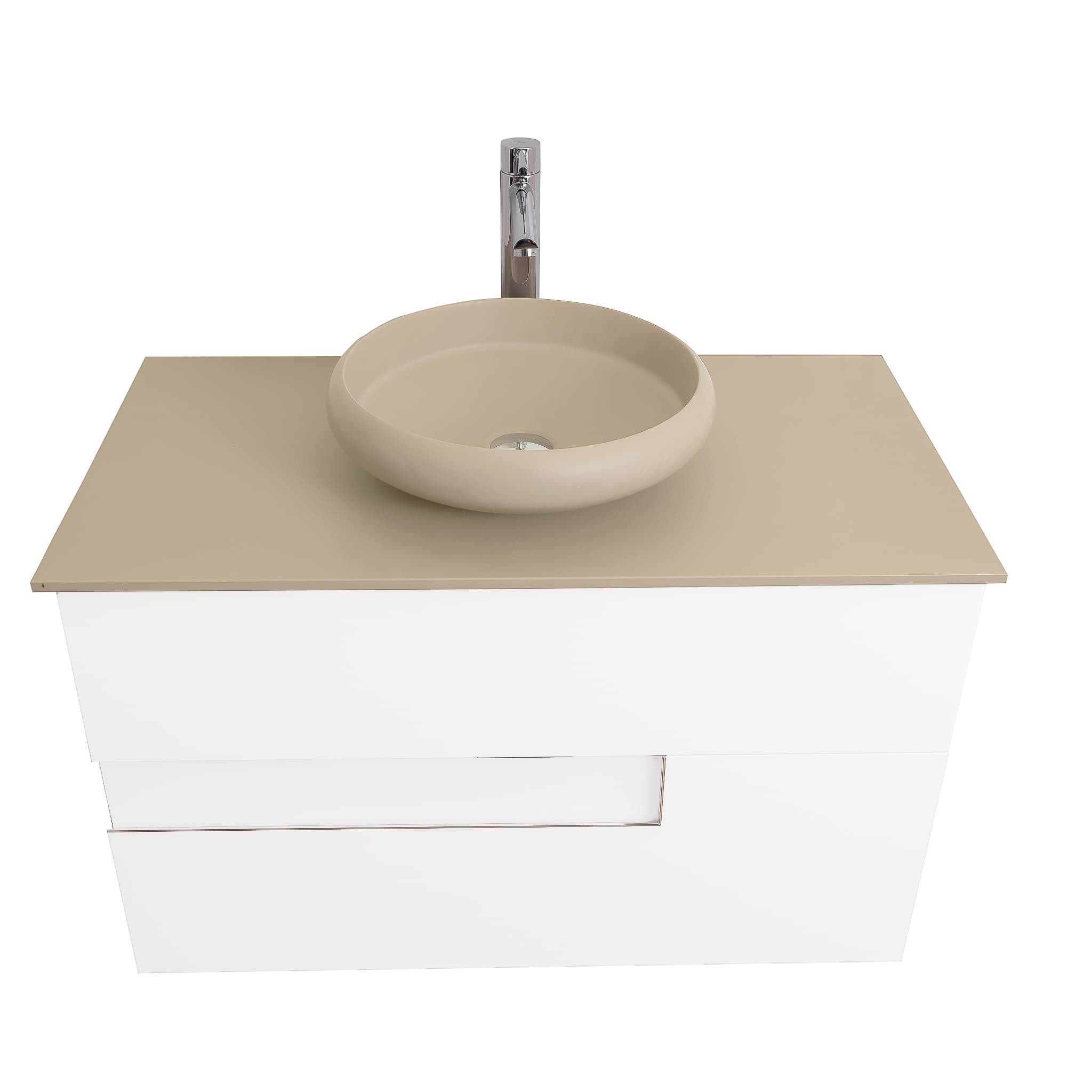 Vision 31.5 White High Gloss Cabinet, Solid Surface Flat Taupe Counter And Round Solid Surface Taupe Basin 1153, Wall Mounted Modern Vanity Set
