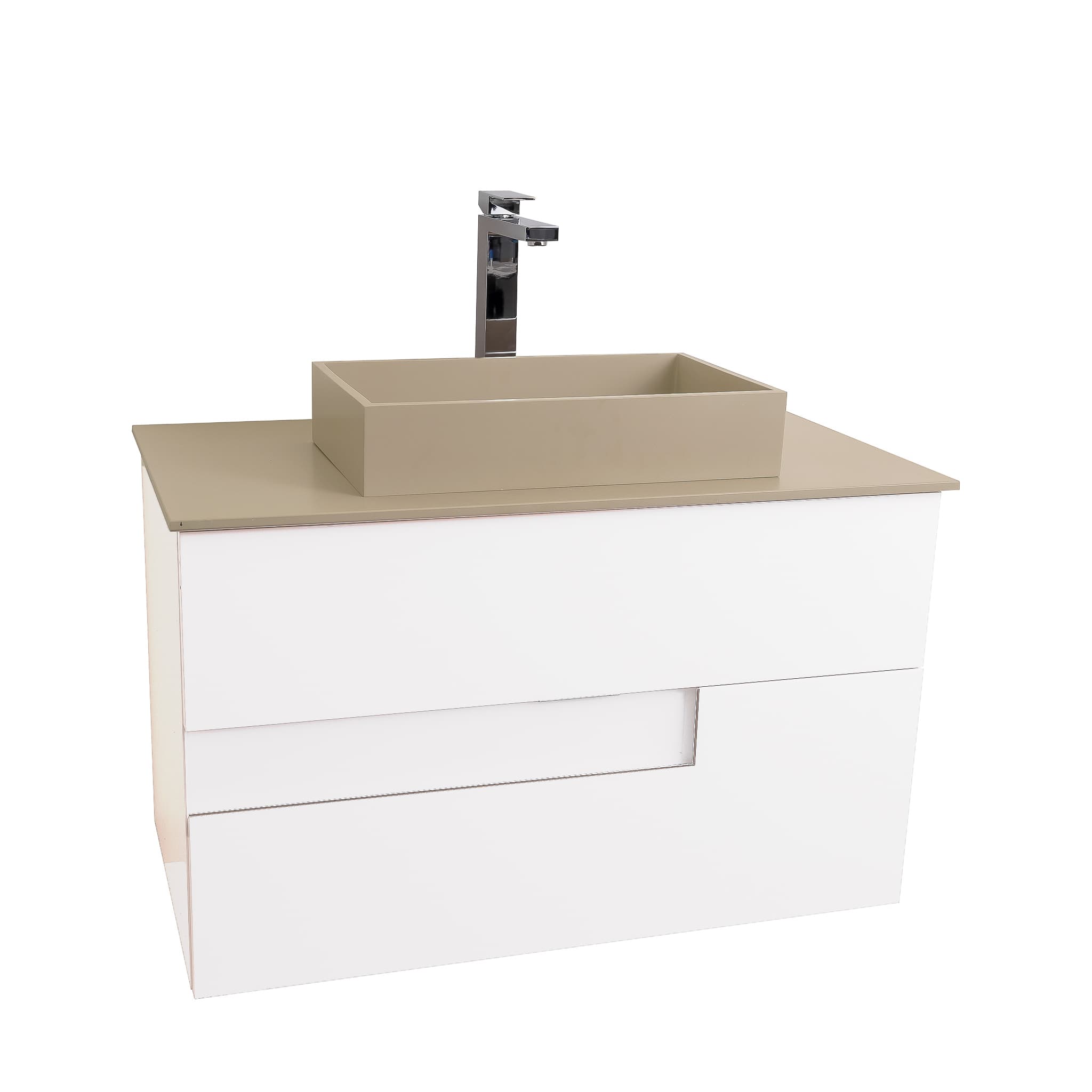 Vision 31.5 White High Gloss Cabinet, Solid Surface Flat Taupe Counter And Infinity Square Solid Surface Taupe Basin 1329, Wall Mounted Modern Vanity Set