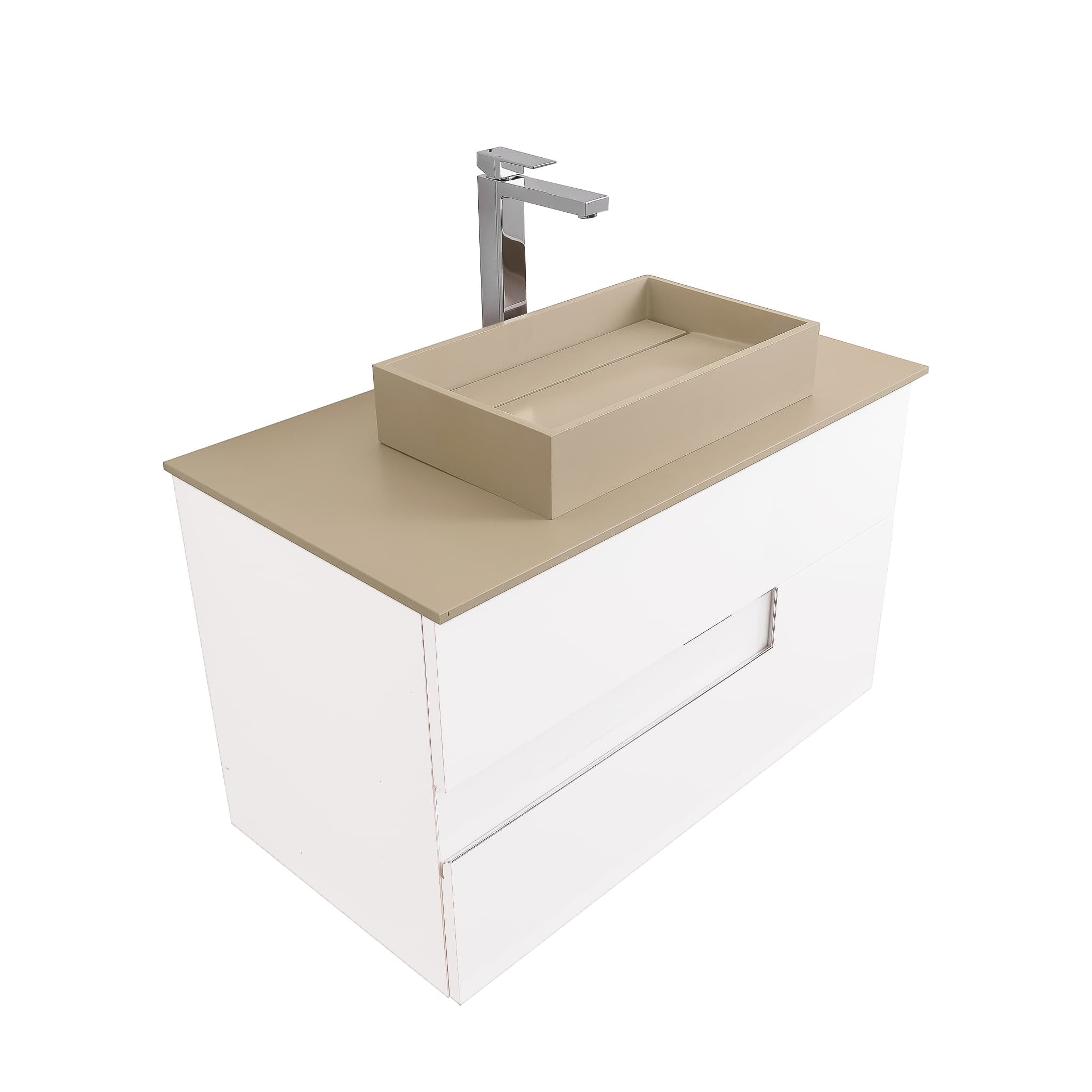 Vision 31.5 White High Gloss Cabinet, Solid Surface Flat Taupe Counter And Infinity Square Solid Surface Taupe Basin 1329, Wall Mounted Modern Vanity Set