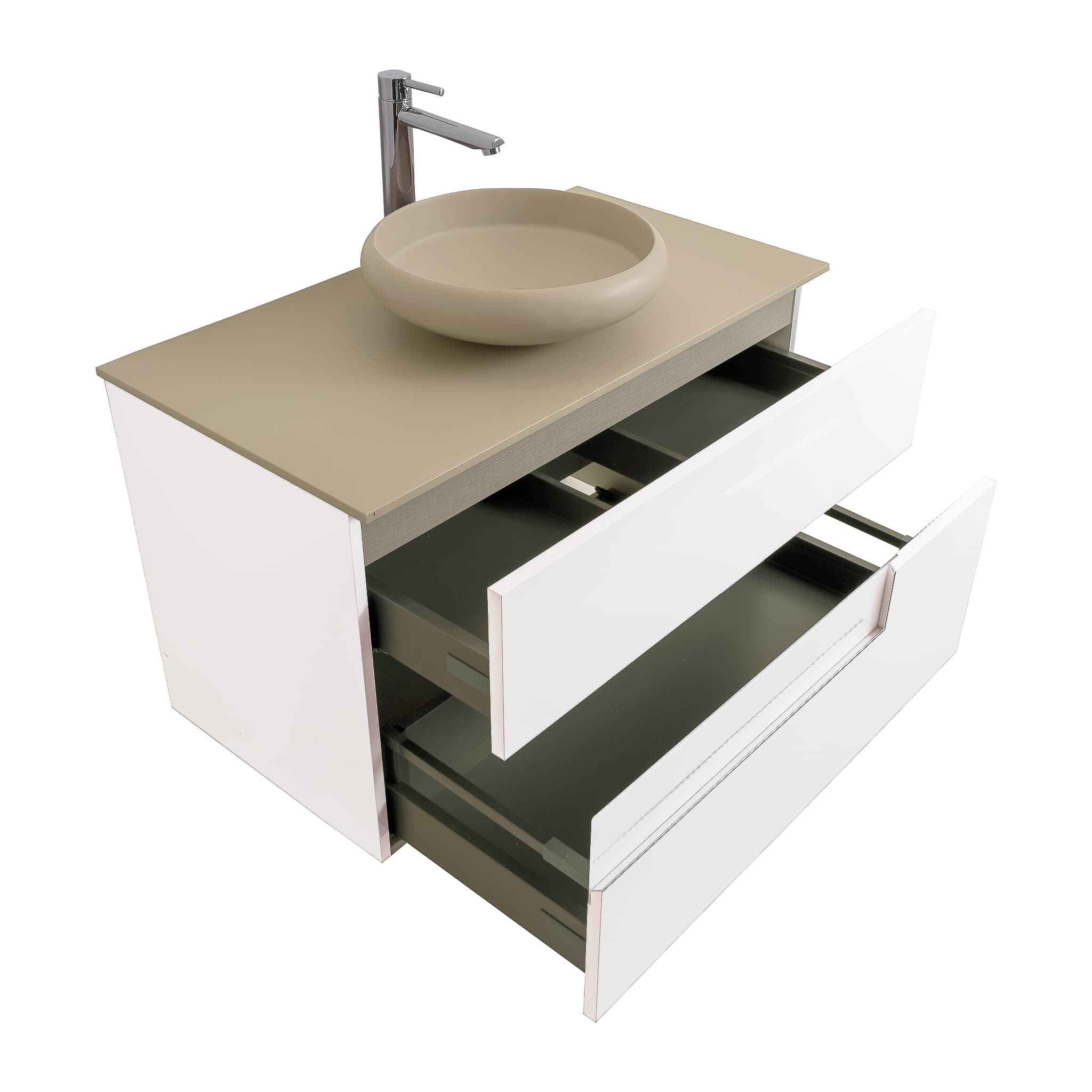 Vision 35.5 White High Gloss Cabinet, Solid Surface Flat Taupe Counter And Round Solid Surface Taupe Basin 1153, Wall Mounted Modern Vanity Set