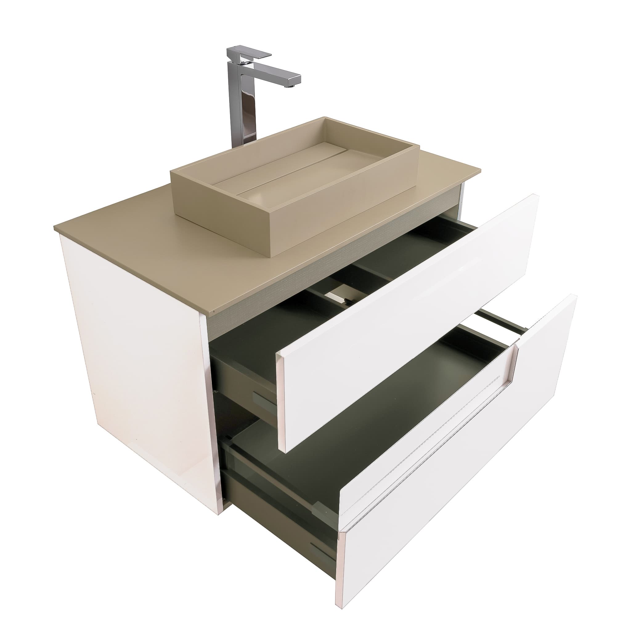 Vision 35.5 White High Gloss Cabinet, Solid Surface Flat Taupe Counter And Infinity Square Solid Surface Taupe Basin 1329, Wall Mounted Modern Vanity Set