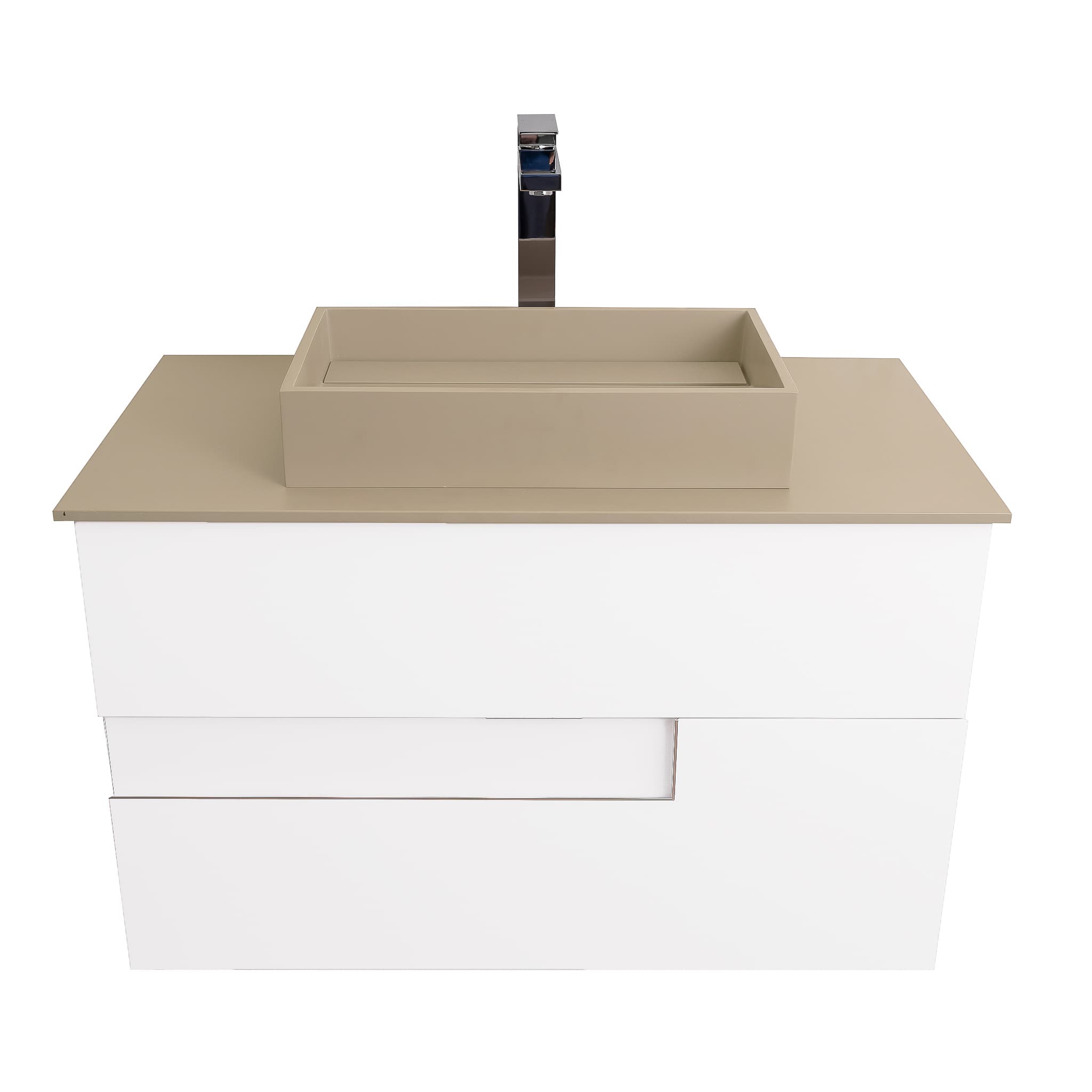 Vision 35.5 White High Gloss Cabinet, Solid Surface Flat Taupe Counter And Infinity Square Solid Surface Taupe Basin 1329, Wall Mounted Modern Vanity Set