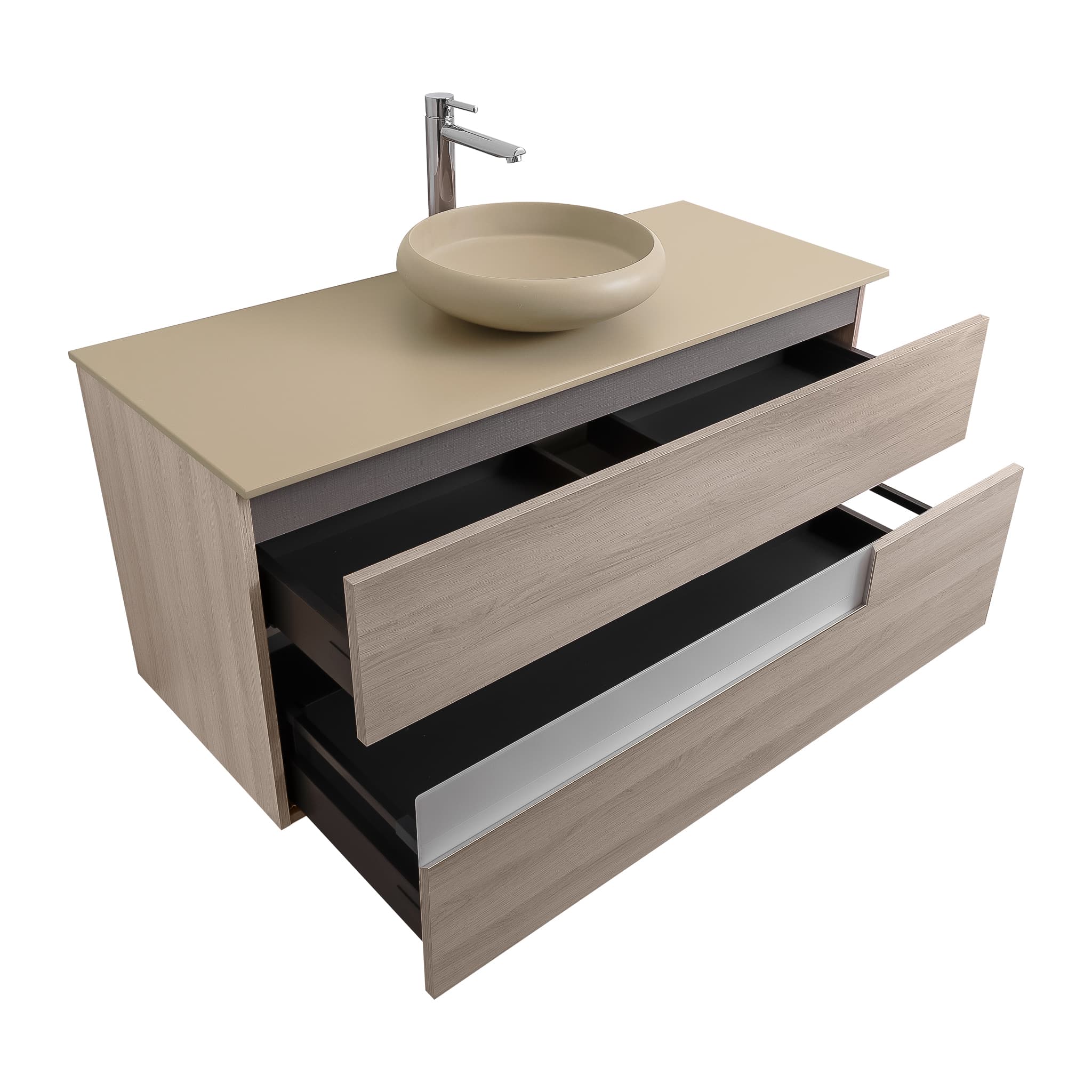 Vision 47.5 Natural Light Wood Cabinet, Solid Surface Flat Taupe Counter And Round Solid Surface Taupe Basin 1153, Wall Mounted Modern Vanity Set