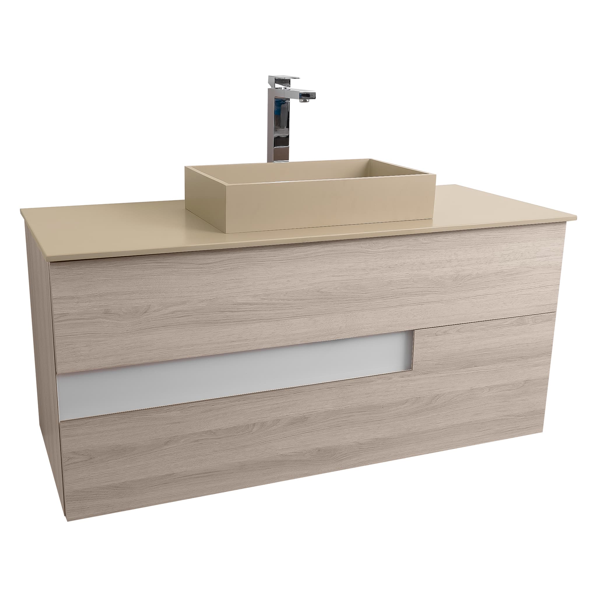 Vision 47.5 Natural Light Wood Cabinet, Solid Surface Flat Taupe Counter And Infinity Square Solid Surface Taupe Basin 1329, Wall Mounted Modern Vanity Set