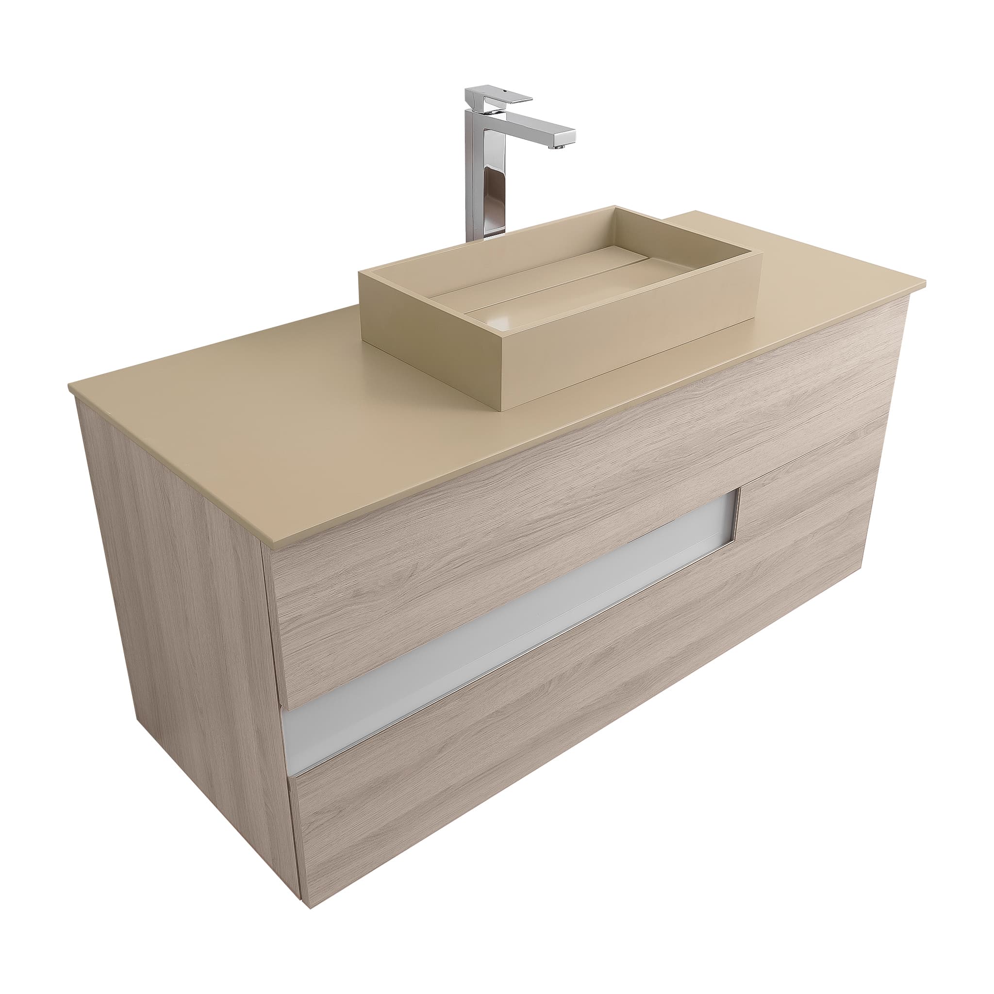 Vision 47.5 Natural Light Wood Cabinet, Solid Surface Flat Taupe Counter And Infinity Square Solid Surface Taupe Basin 1329, Wall Mounted Modern Vanity Set Bath Trends USA