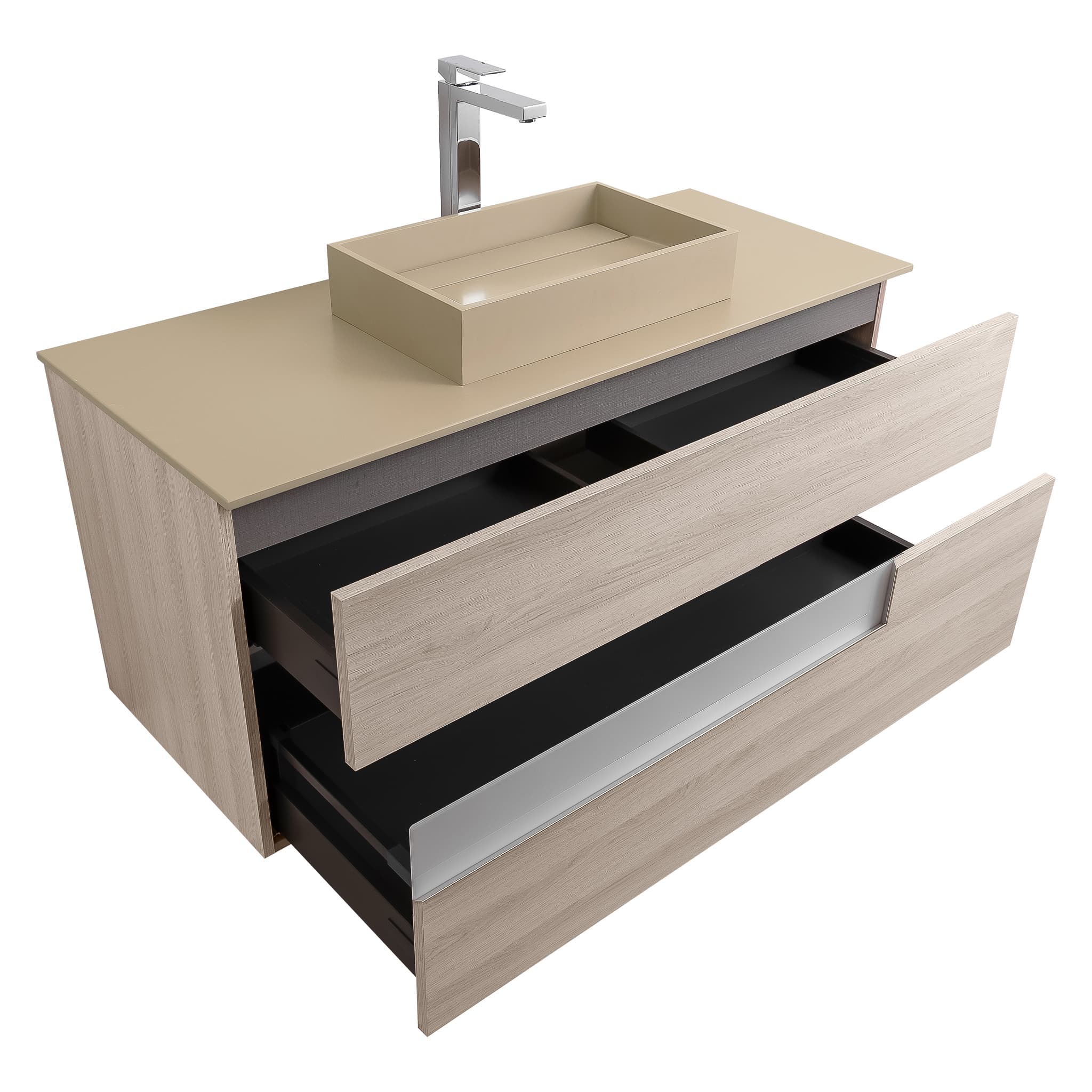 Vision 47.5 Natural Light Wood Cabinet, Solid Surface Flat Taupe Counter And Infinity Square Solid Surface Taupe Basin 1329, Wall Mounted Modern Vanity Set