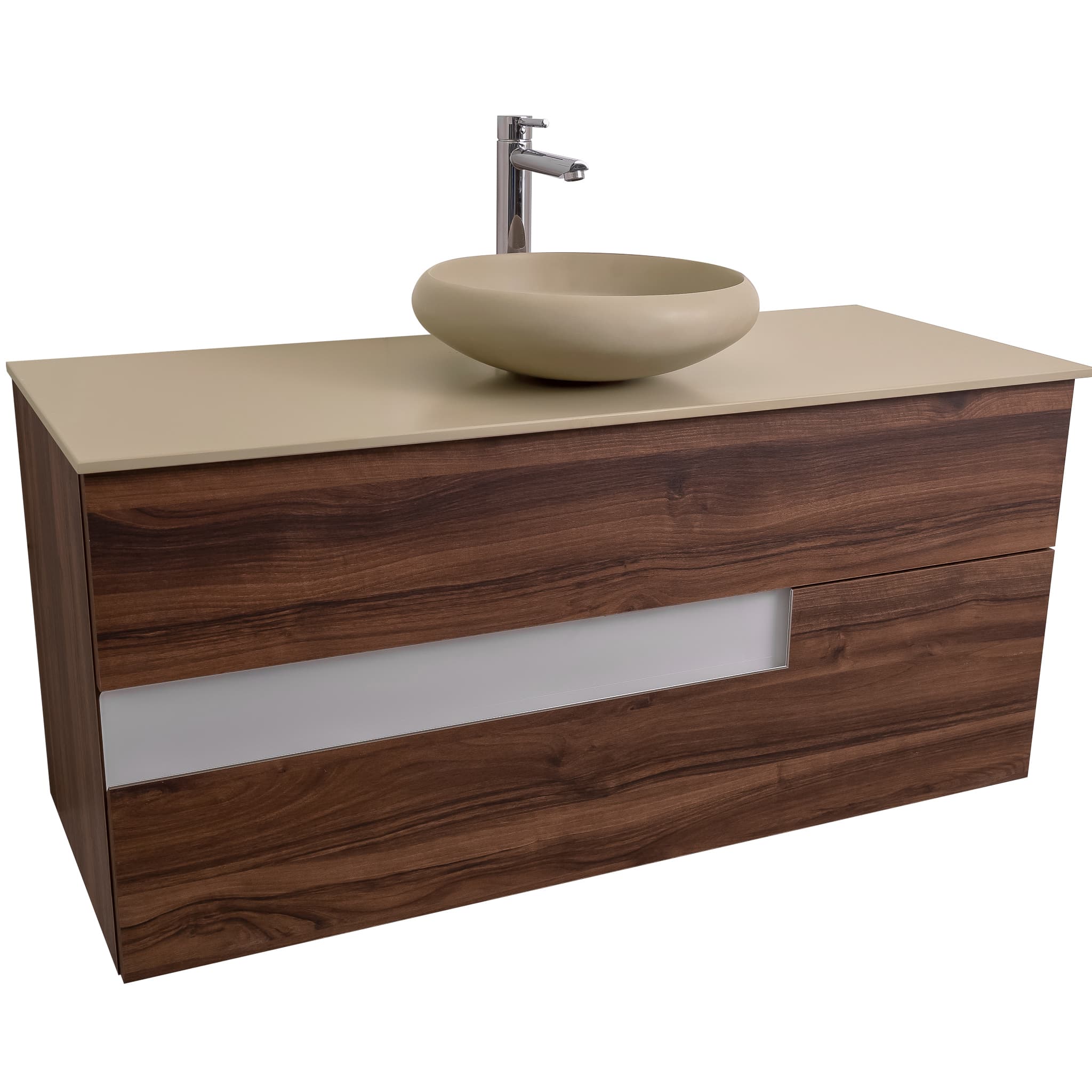 Vision 47.5 Valenti Medium Brown Wood Cabinet, Solid Surface Flat Taupe Counter And Round Solid Surface Taupe Basin 1153, Wall Mounted Modern Vanity Set