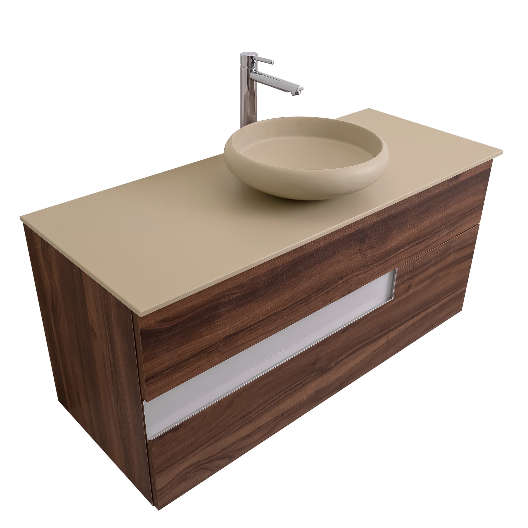 Vision 47.5 Valenti Medium Brown Wood Cabinet, Solid Surface Flat Taupe Counter And Round Solid Surface Taupe Basin 1153, Wall Mounted Modern Vanity Set