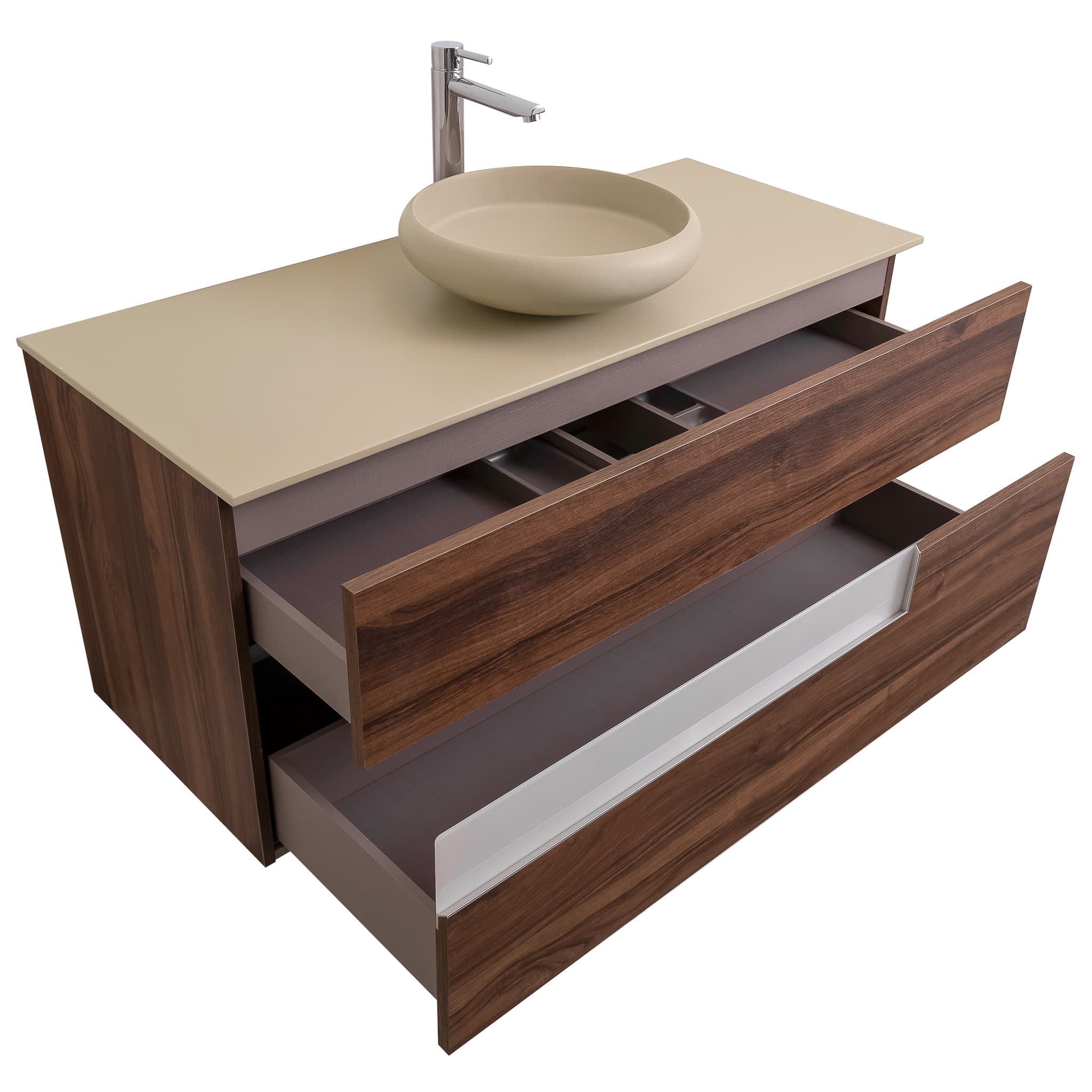 Vision 47.5 Valenti Medium Brown Wood Cabinet, Solid Surface Flat Taupe Counter And Round Solid Surface Taupe Basin 1153, Wall Mounted Modern Vanity Set