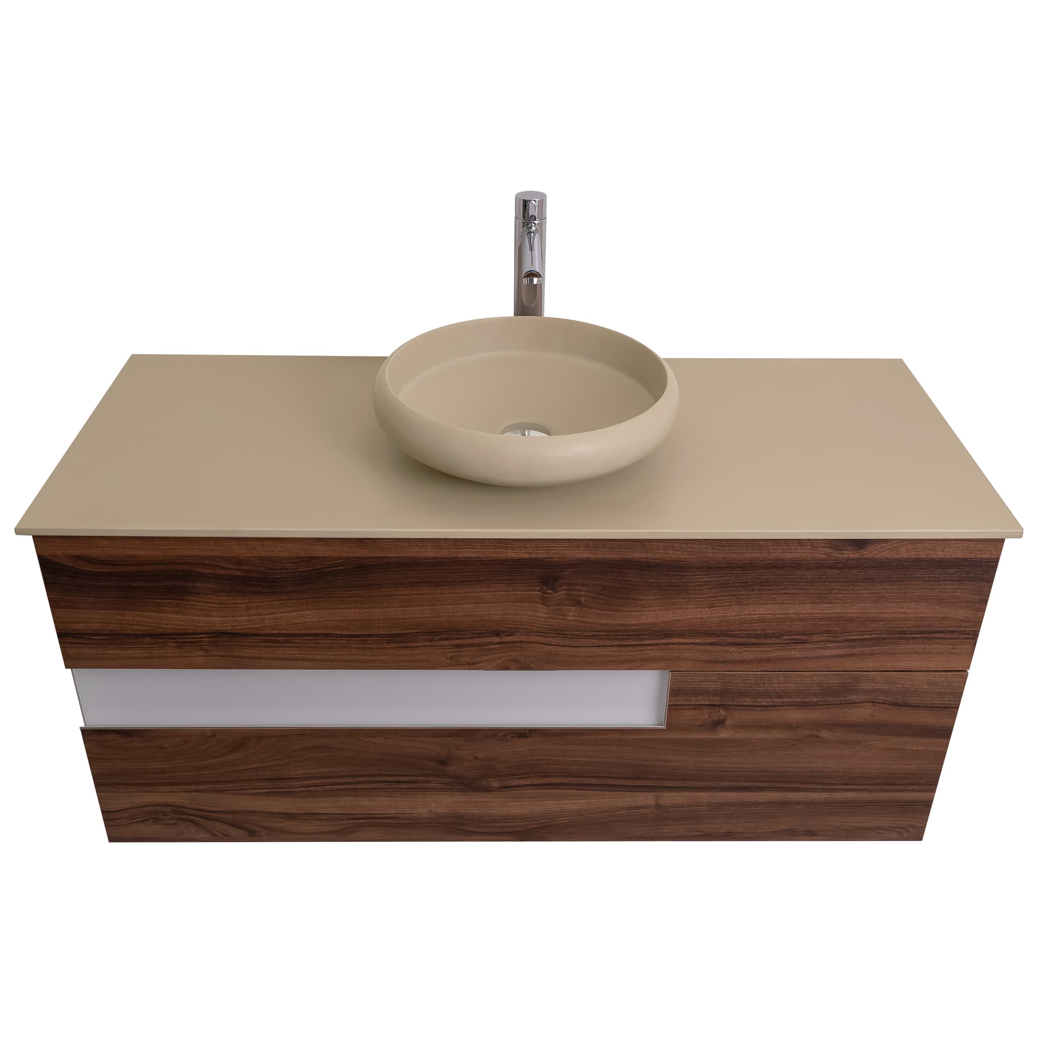 Vision 47.5 Valenti Medium Brown Wood Cabinet, Solid Surface Flat Taupe Counter And Round Solid Surface Taupe Basin 1153, Wall Mounted Modern Vanity Set