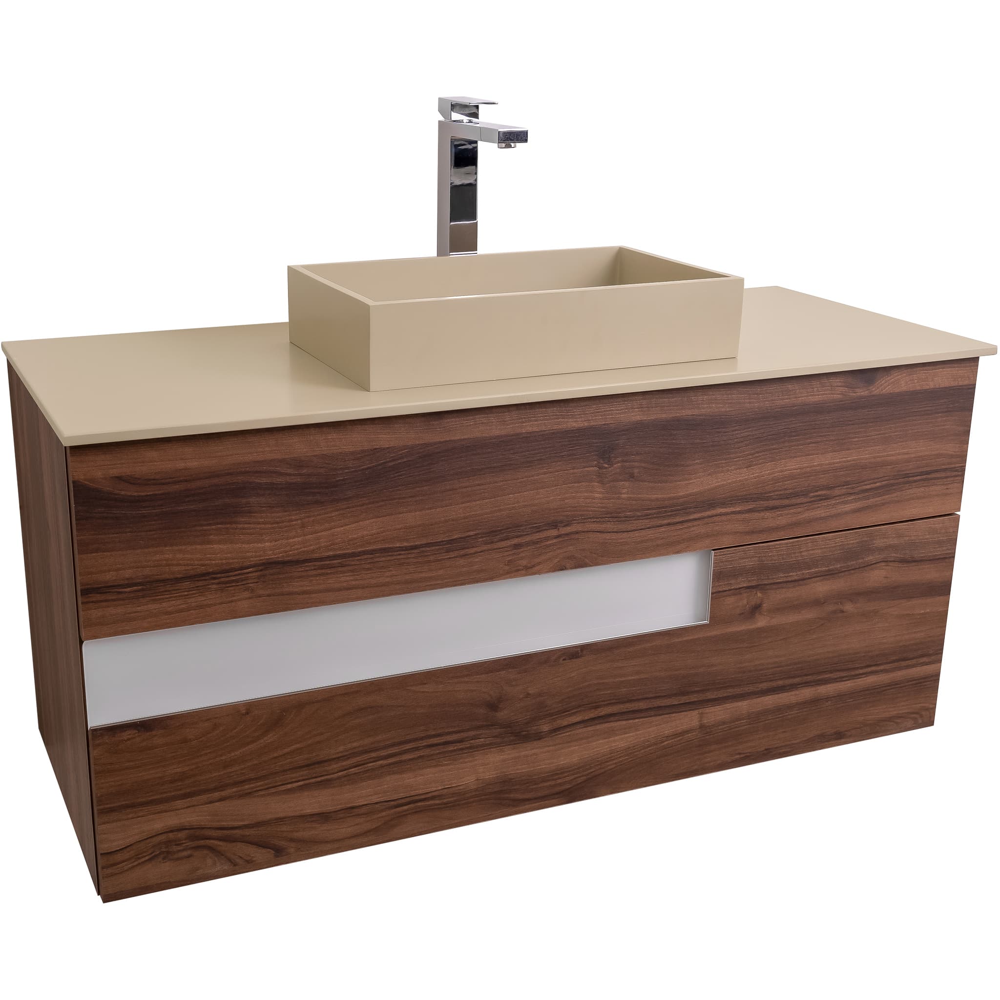 Vision 47.5 Valenti Medium Brown Wood Cabinet, Solid Surface Flat Taupe Counter And Infinity Square Solid Surface Taupe Basin 1329, Wall Mounted Modern Vanity Set