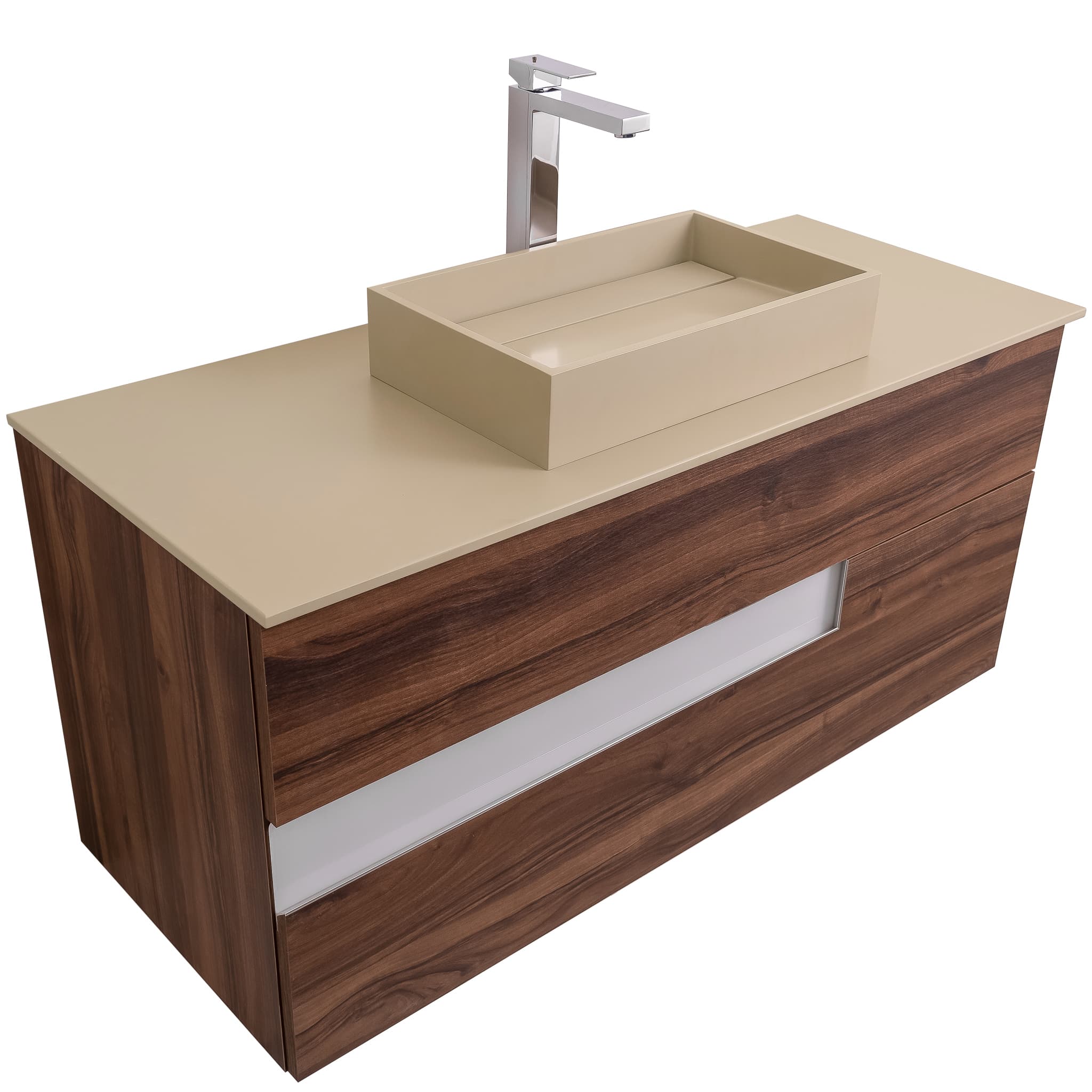 Vision 47.5 Valenti Medium Brown Wood Cabinet, Solid Surface Flat Taupe Counter And Infinity Square Solid Surface Taupe Basin 1329, Wall Mounted Modern Vanity Set