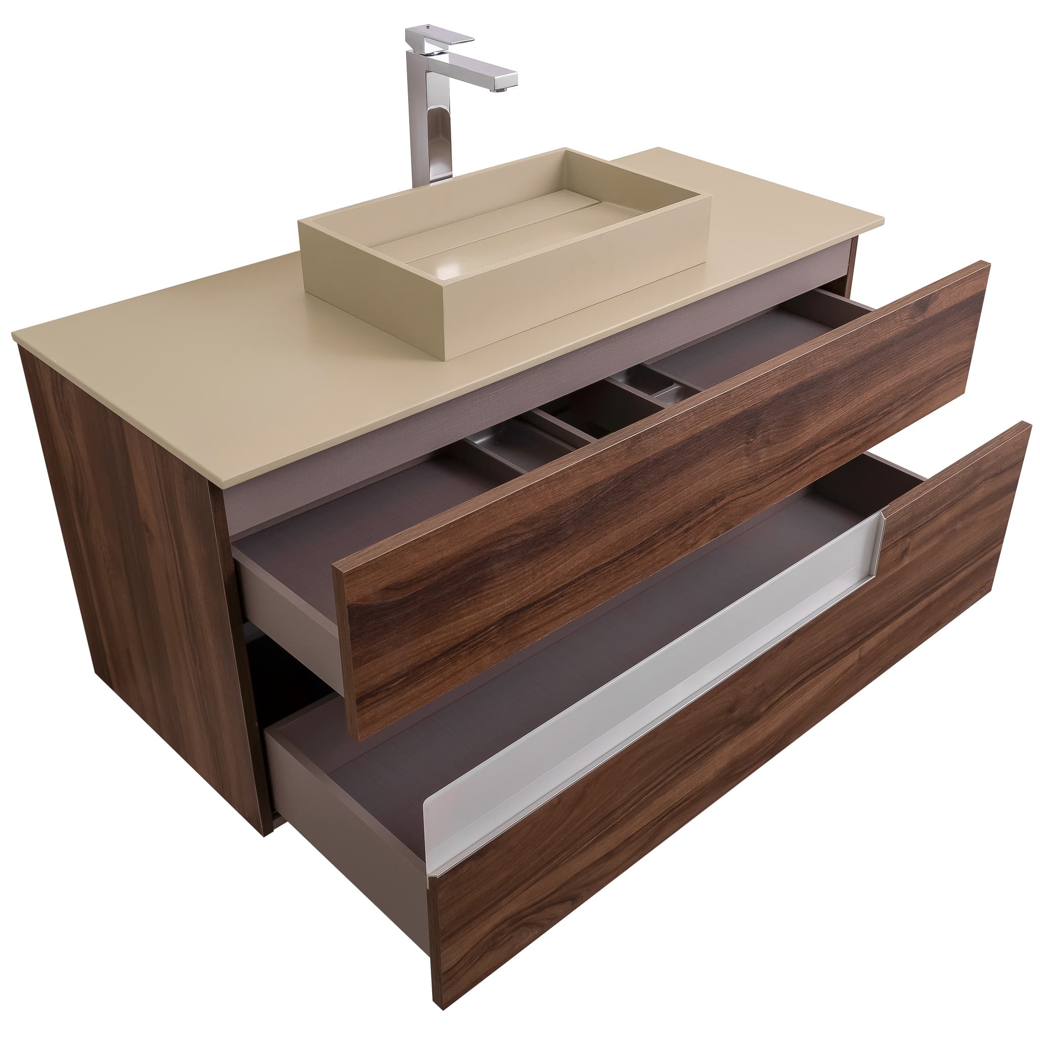 Vision 47.5 Valenti Medium Brown Wood Cabinet, Solid Surface Flat Taupe Counter And Infinity Square Solid Surface Taupe Basin 1329, Wall Mounted Modern Vanity Set