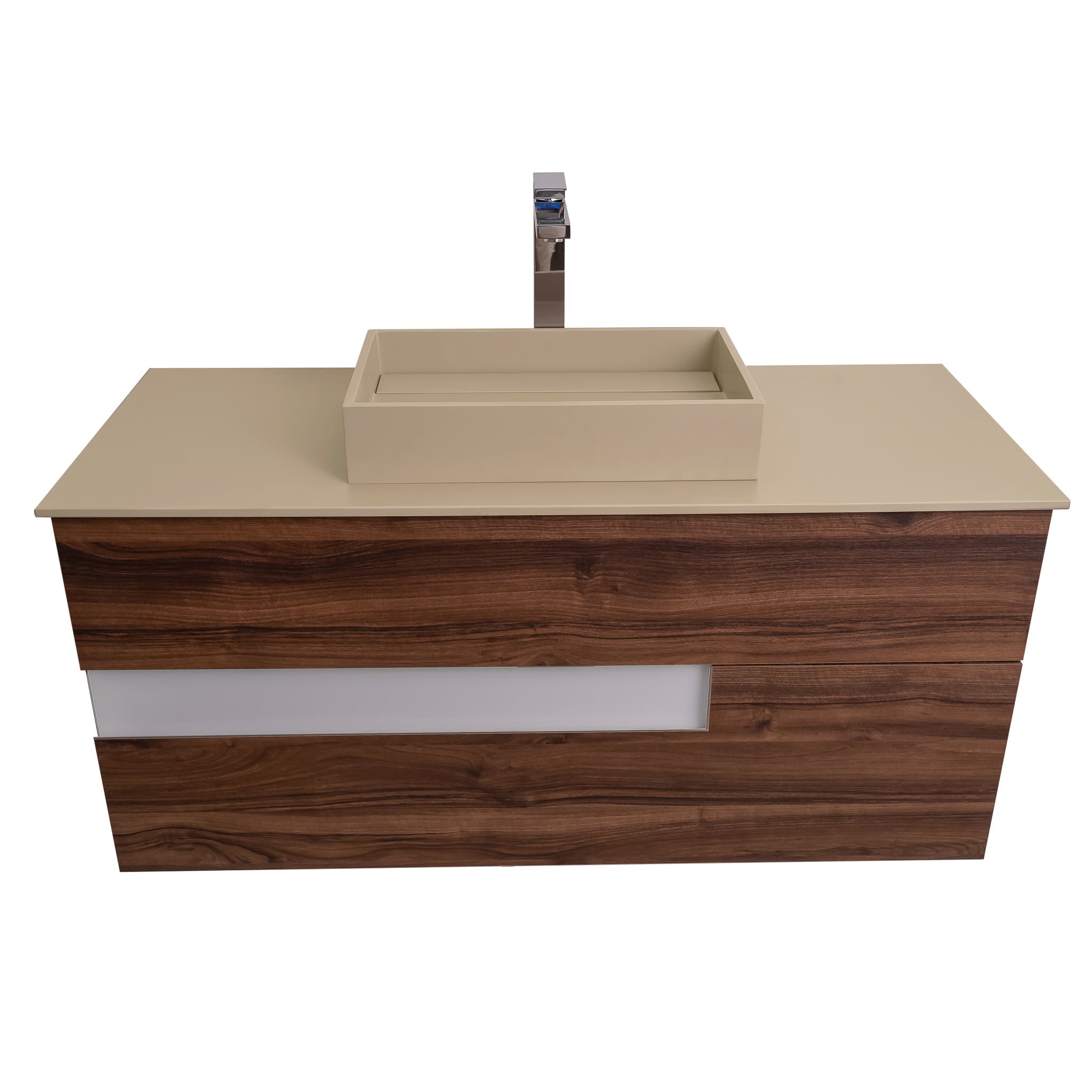 Vision 47.5 Valenti Medium Brown Wood Cabinet, Solid Surface Flat Taupe Counter And Infinity Square Solid Surface Taupe Basin 1329, Wall Mounted Modern Vanity Set