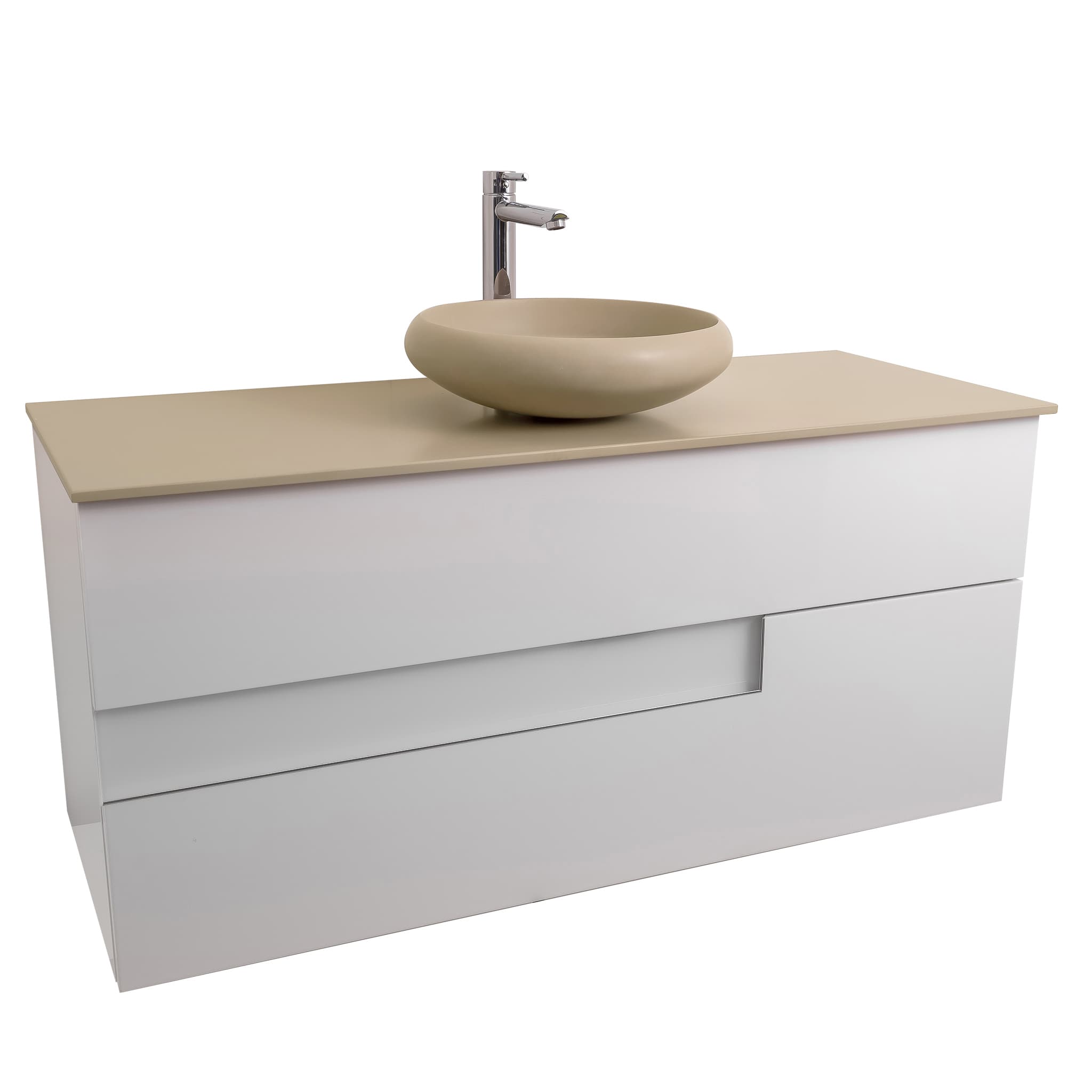 Vision 47.5 White High Gloss Cabinet, Solid Surface Flat Taupe Counter And Round Solid Surface Taupe Basin 1153, Wall Mounted Modern Vanity Set