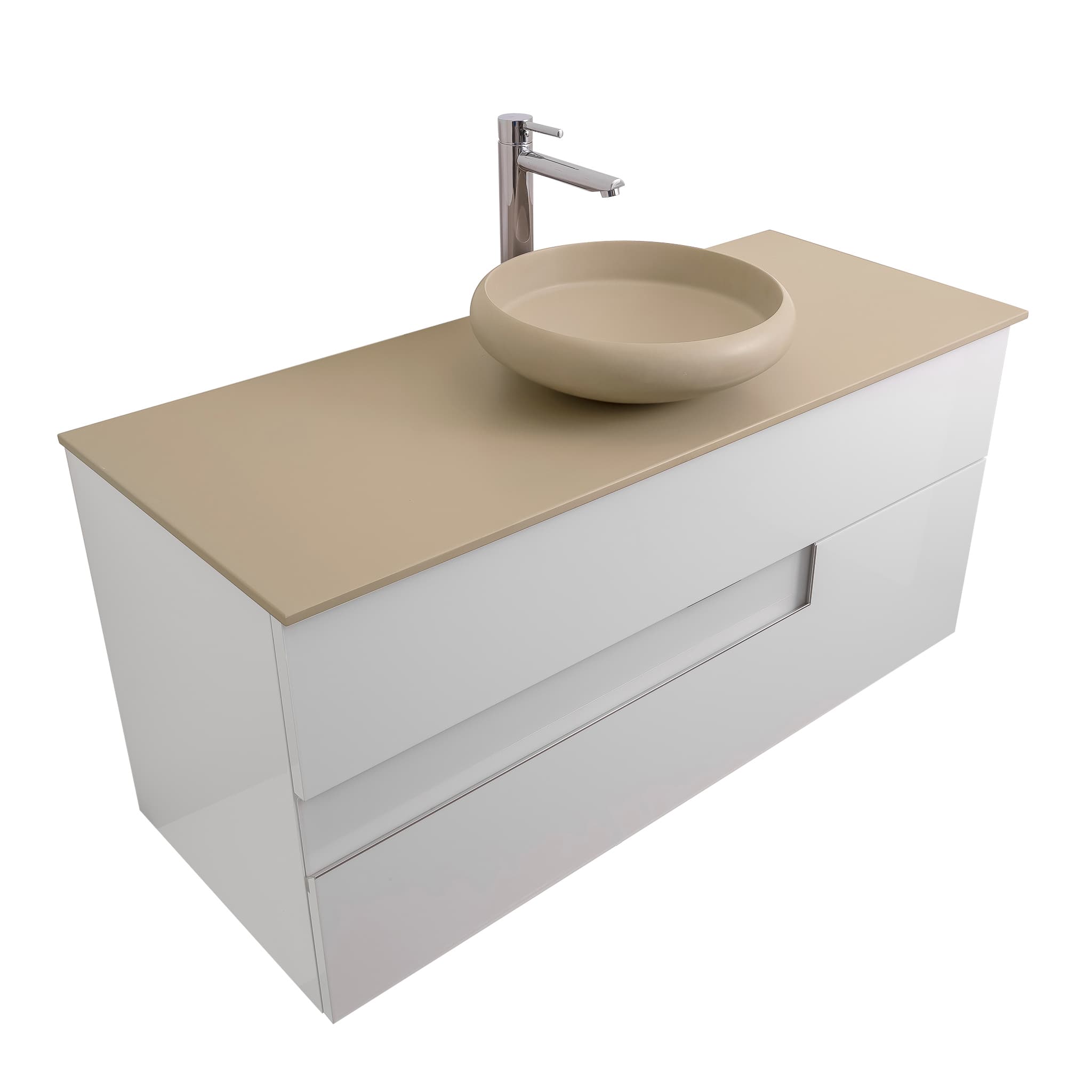 Vision 47.5 White High Gloss Cabinet, Solid Surface Flat Taupe Counter And Round Solid Surface Taupe Basin 1153, Wall Mounted Modern Vanity Set Bath Trends USA