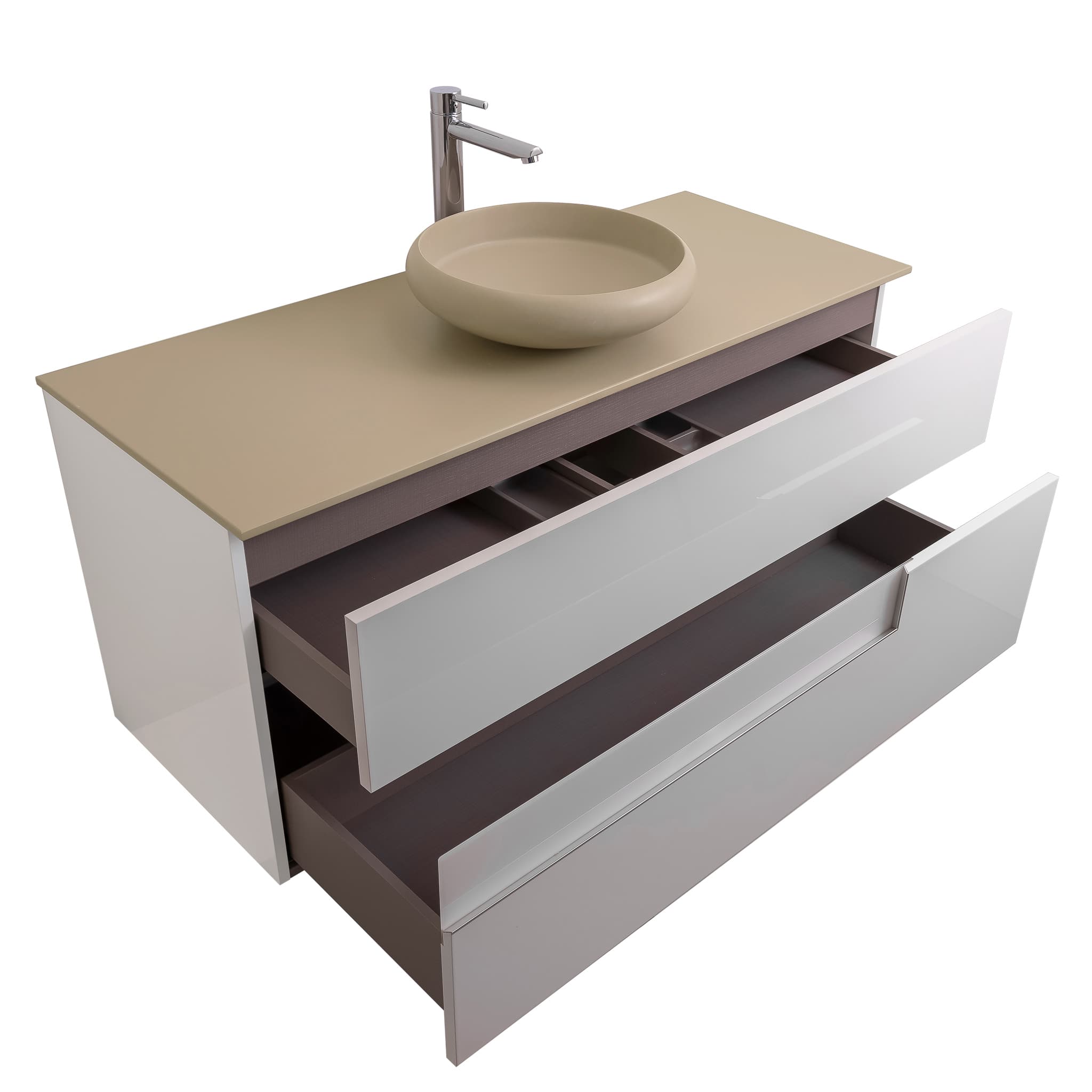 Vision 47.5 White High Gloss Cabinet, Solid Surface Flat Taupe Counter And Round Solid Surface Taupe Basin 1153, Wall Mounted Modern Vanity Set Bath Trends USA