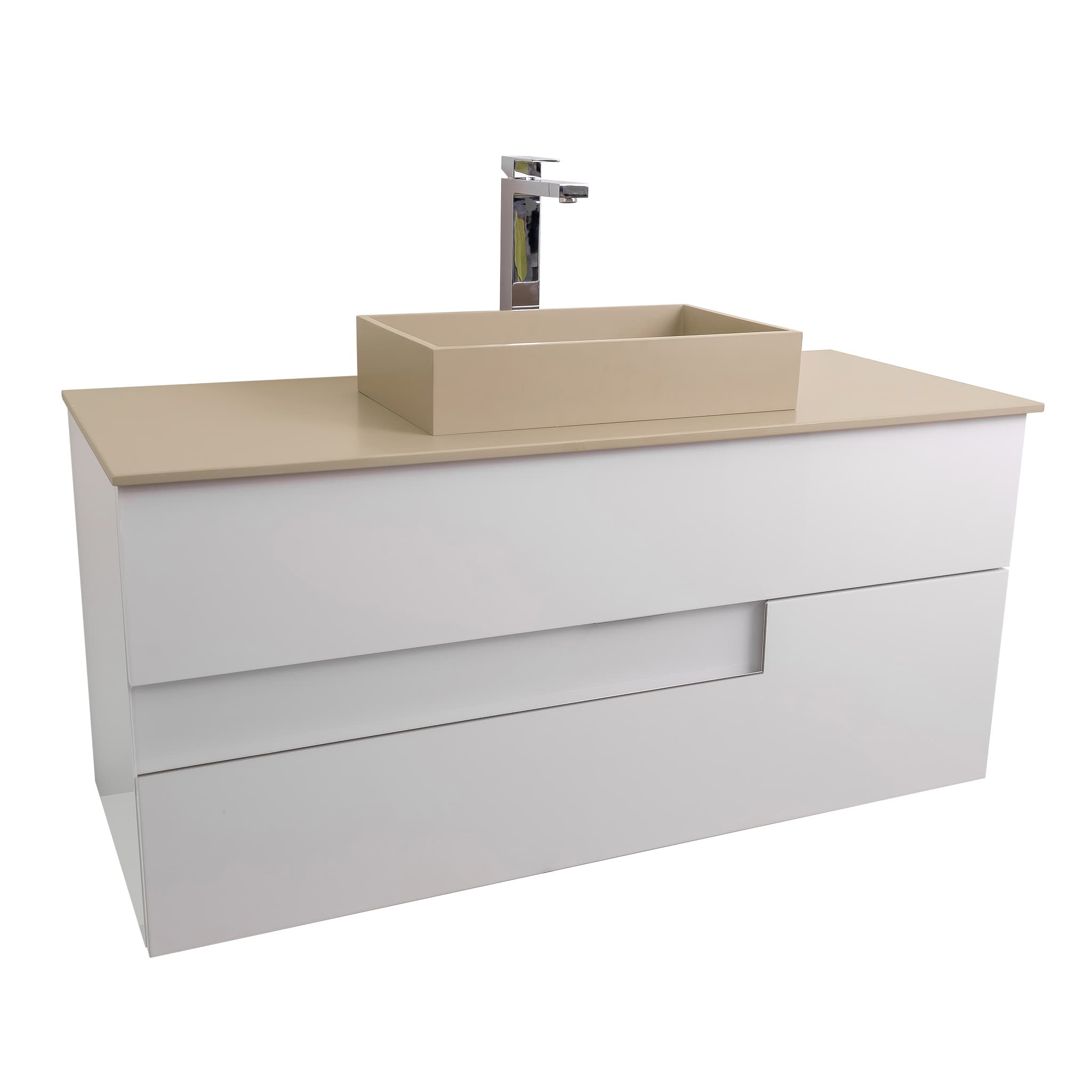 Vision 47.5 White High Gloss Cabinet, Solid Surface Flat Taupe Counter And Infinity Square Solid Surface Taupe Basin 1329, Wall Mounted Modern Vanity Set Bath Trends USA