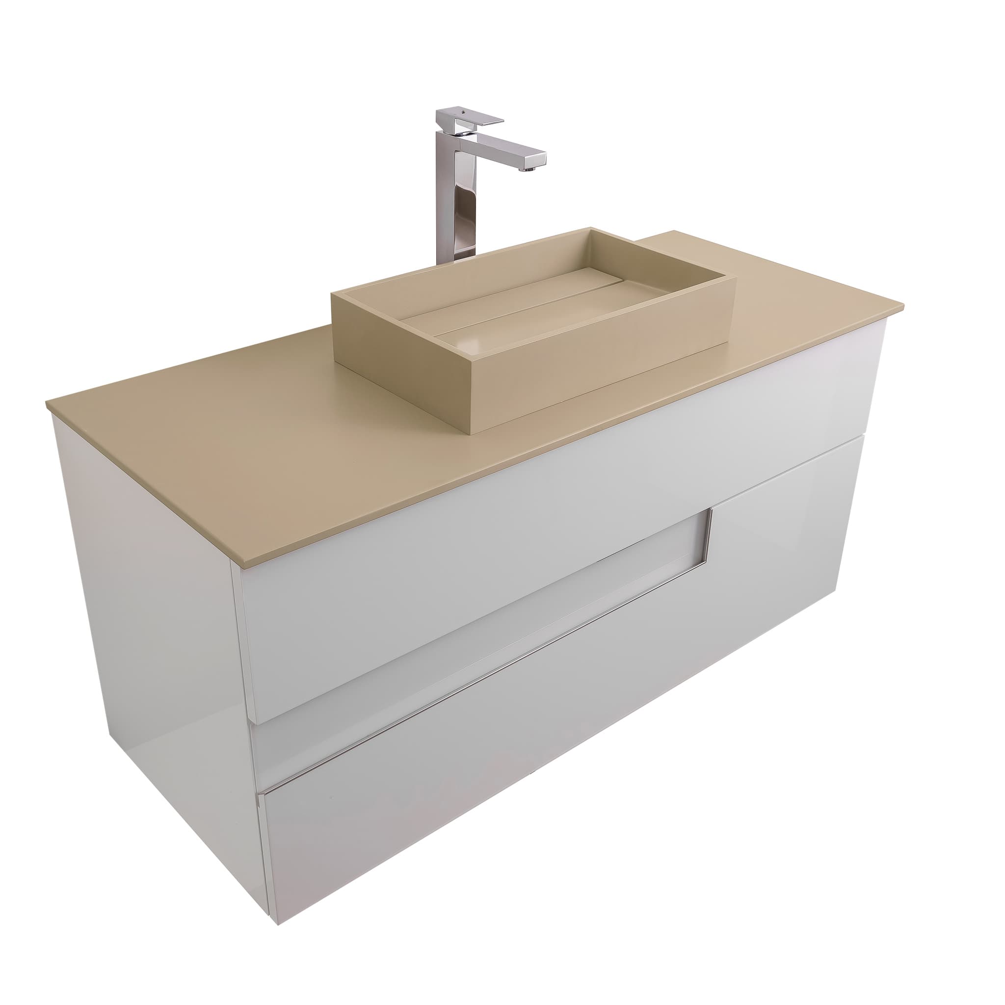 Vision 47.5 White High Gloss Cabinet, Solid Surface Flat Taupe Counter And Infinity Square Solid Surface Taupe Basin 1329, Wall Mounted Modern Vanity Set