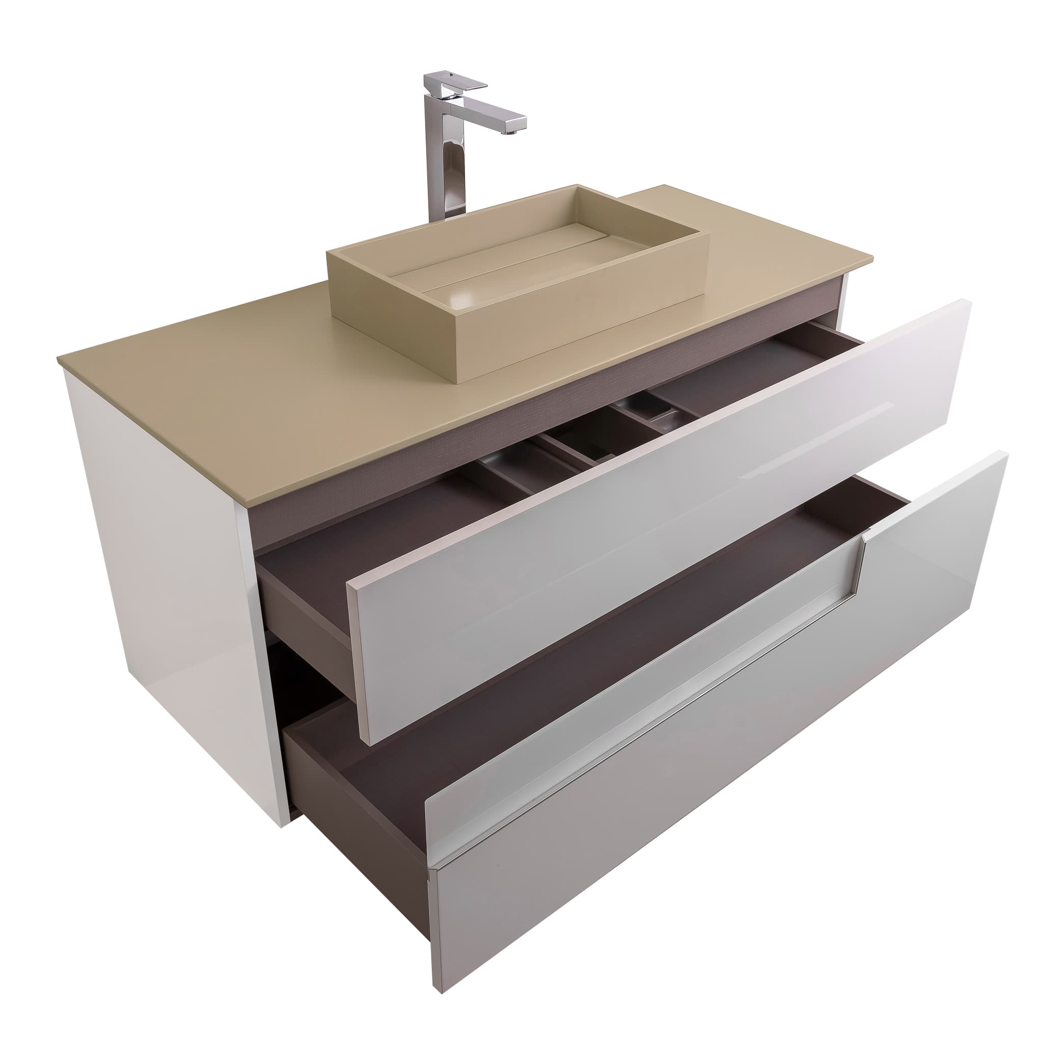 Vision 47.5 White High Gloss Cabinet, Solid Surface Flat Taupe Counter And Infinity Square Solid Surface Taupe Basin 1329, Wall Mounted Modern Vanity Set