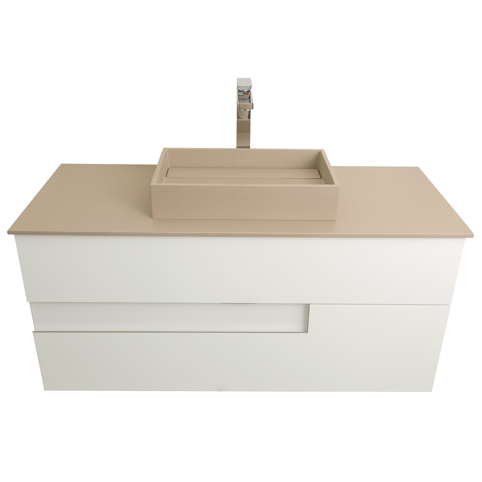 Vision 47.5 White High Gloss Cabinet, Solid Surface Flat Taupe Counter And Infinity Square Solid Surface Taupe Basin 1329, Wall Mounted Modern Vanity Set