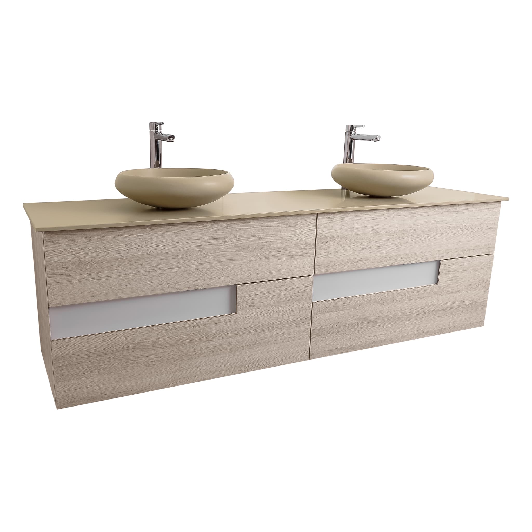 Vision 63 Natural Light Wood Cabinet, Solid Surface Flat Taupe Counter And Two Round Solid Surface Taupe Basin 1153, Wall Mounted Modern Vanity Set