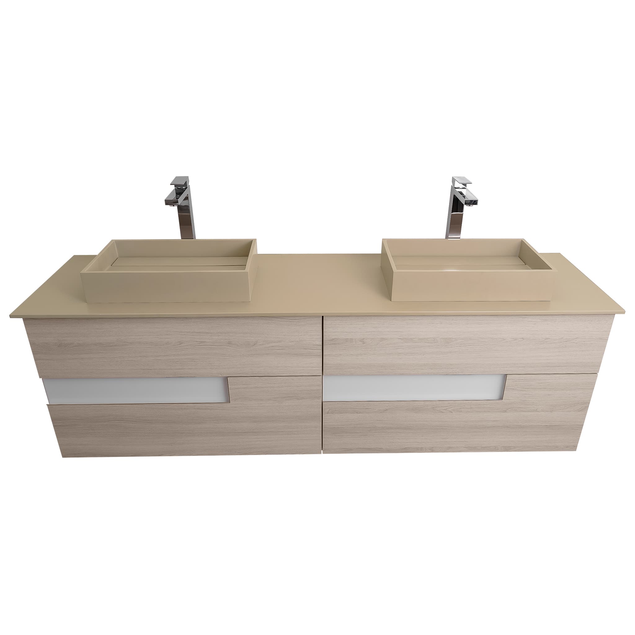 Vision 63 Natural Light Wood Cabinet, Solid Surface Flat Taupe Counter And Two Infinity Square Solid Surface Taupe Basin 1329, Wall Mounted Modern Vanity Set