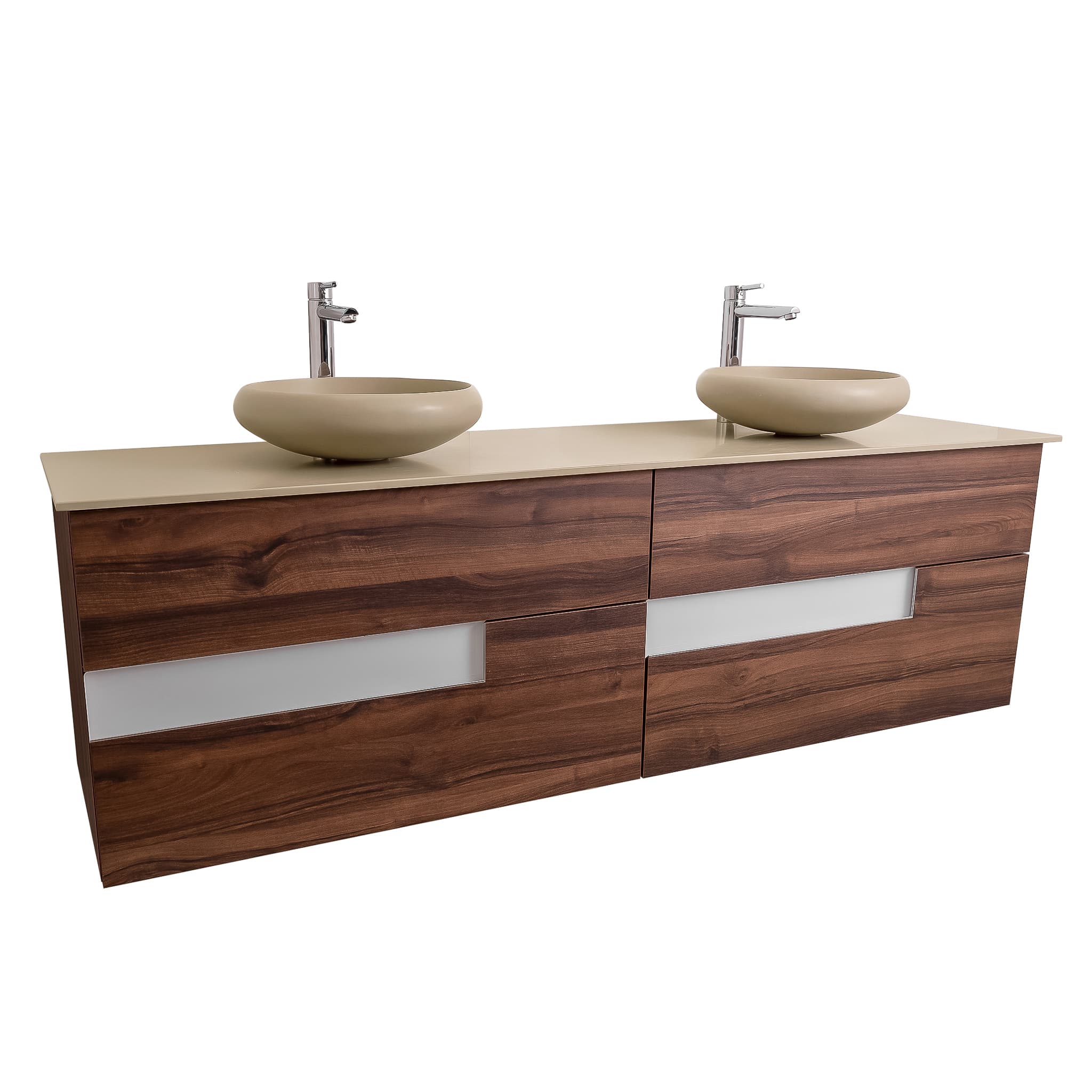 Vision 63 Valenti Medium Brown Wood Cabinet, Solid Surface Flat Taupe Counter And Two Round Solid Surface Taupe Basin 1153, Wall Mounted Modern Vanity Set