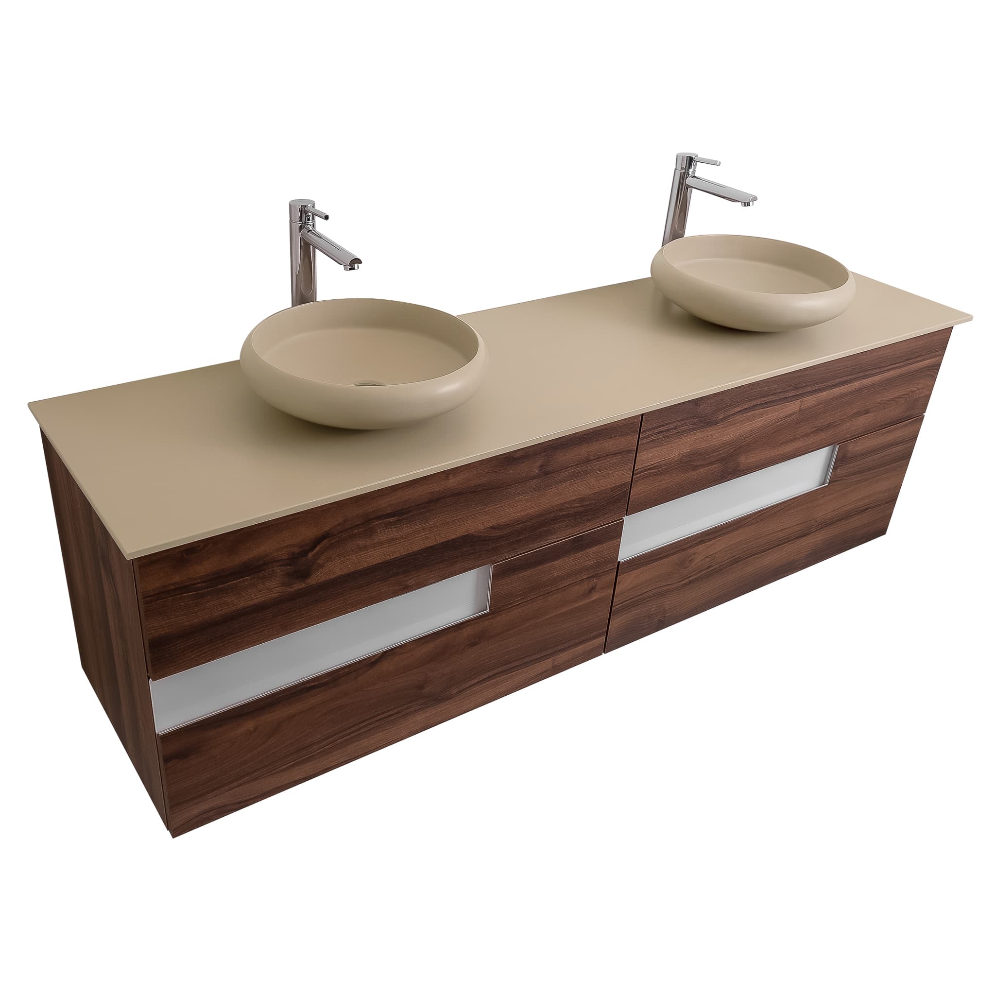 Vision 63 Valenti Medium Brown Wood Cabinet, Solid Surface Flat Taupe Counter And Two Round Solid Surface Taupe Basin 1153, Wall Mounted Modern Vanity Set