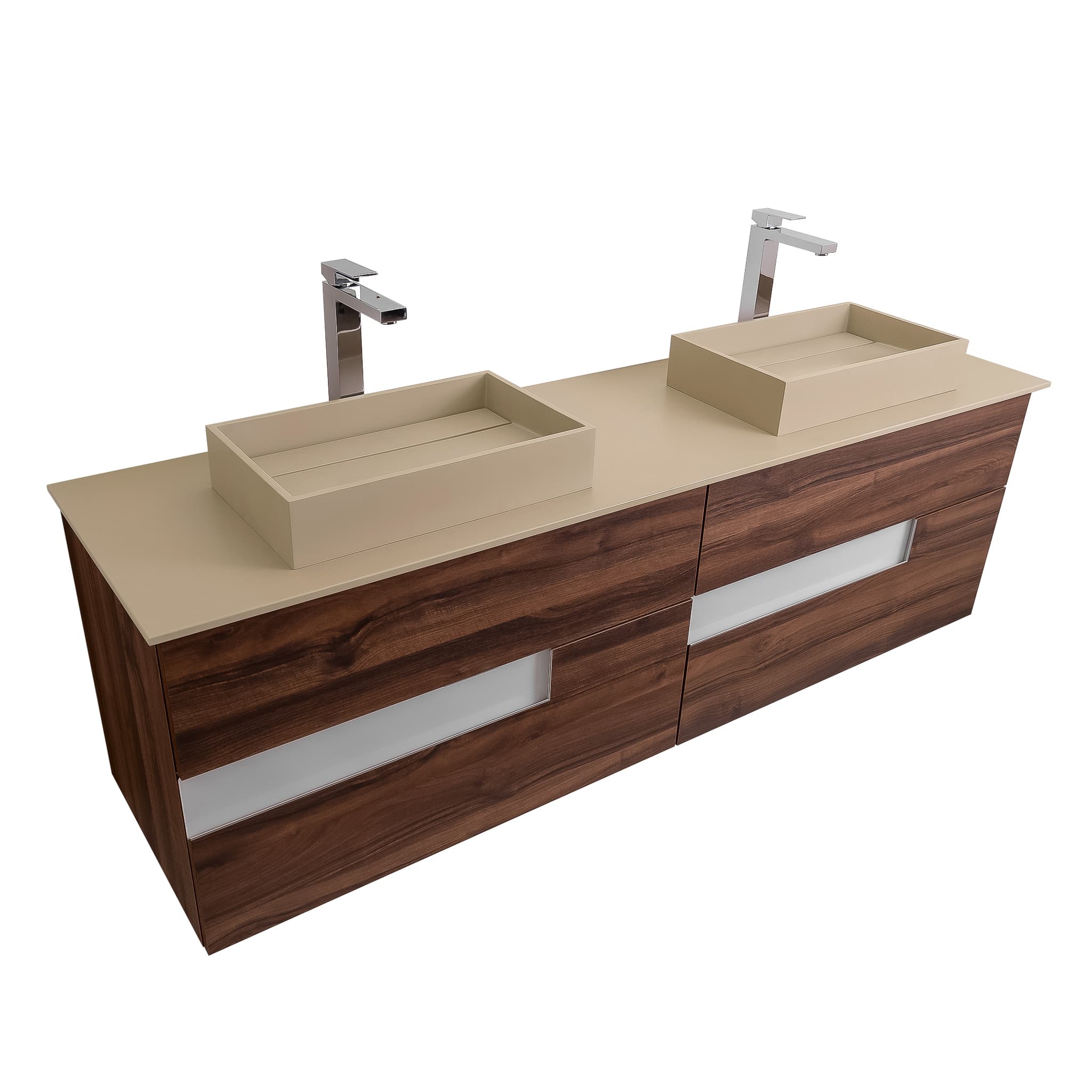 Vision 63 Valenti Medium Brown Wood Cabinet, Solid Surface Flat Taupe Counter And Two Infinity Square Solid Surface Taupe Basin 1329, Wall Mounted Modern Vanity Set