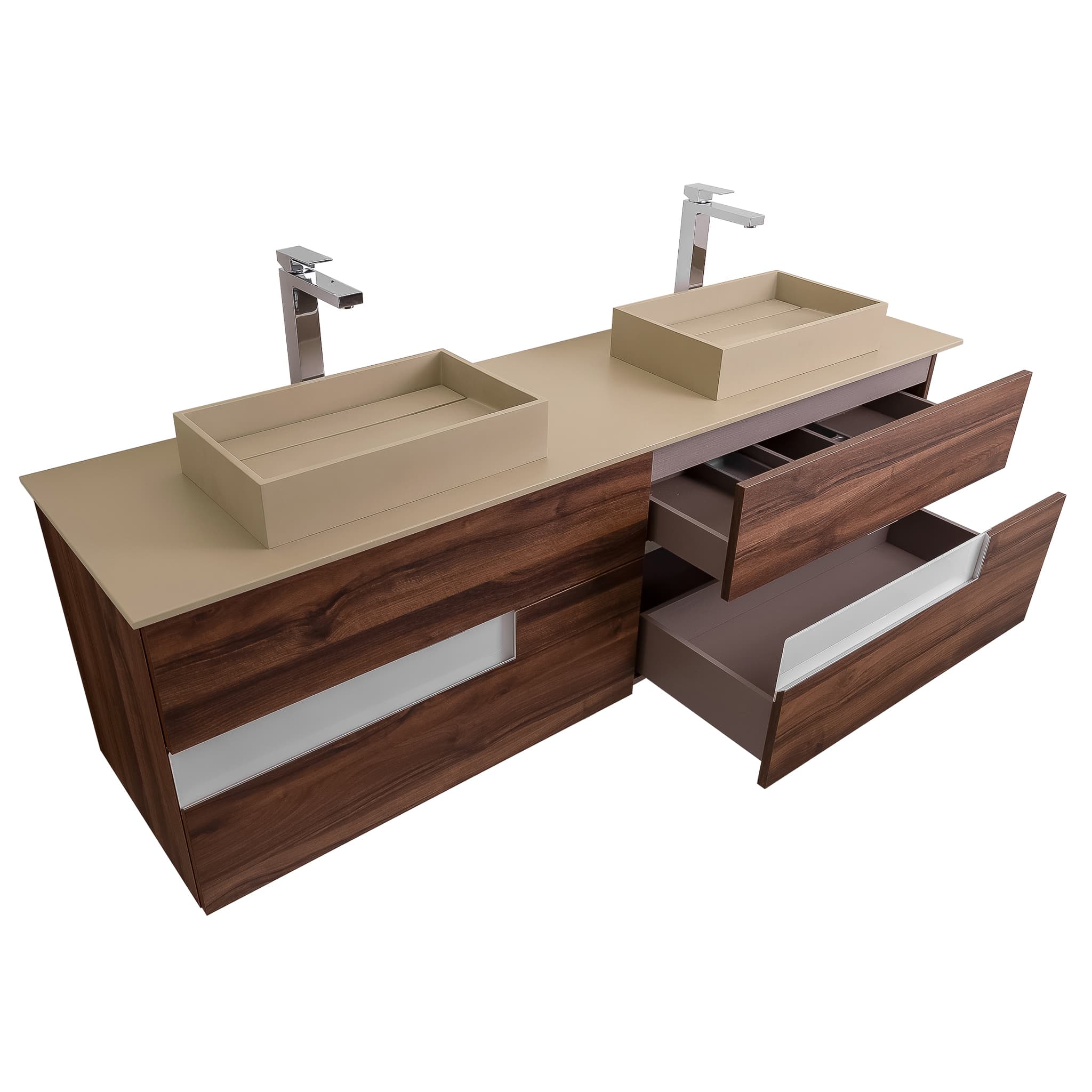 Vision 63 Valenti Medium Brown Wood Cabinet, Solid Surface Flat Taupe Counter And Two Infinity Square Solid Surface Taupe Basin 1329, Wall Mounted Modern Vanity Set