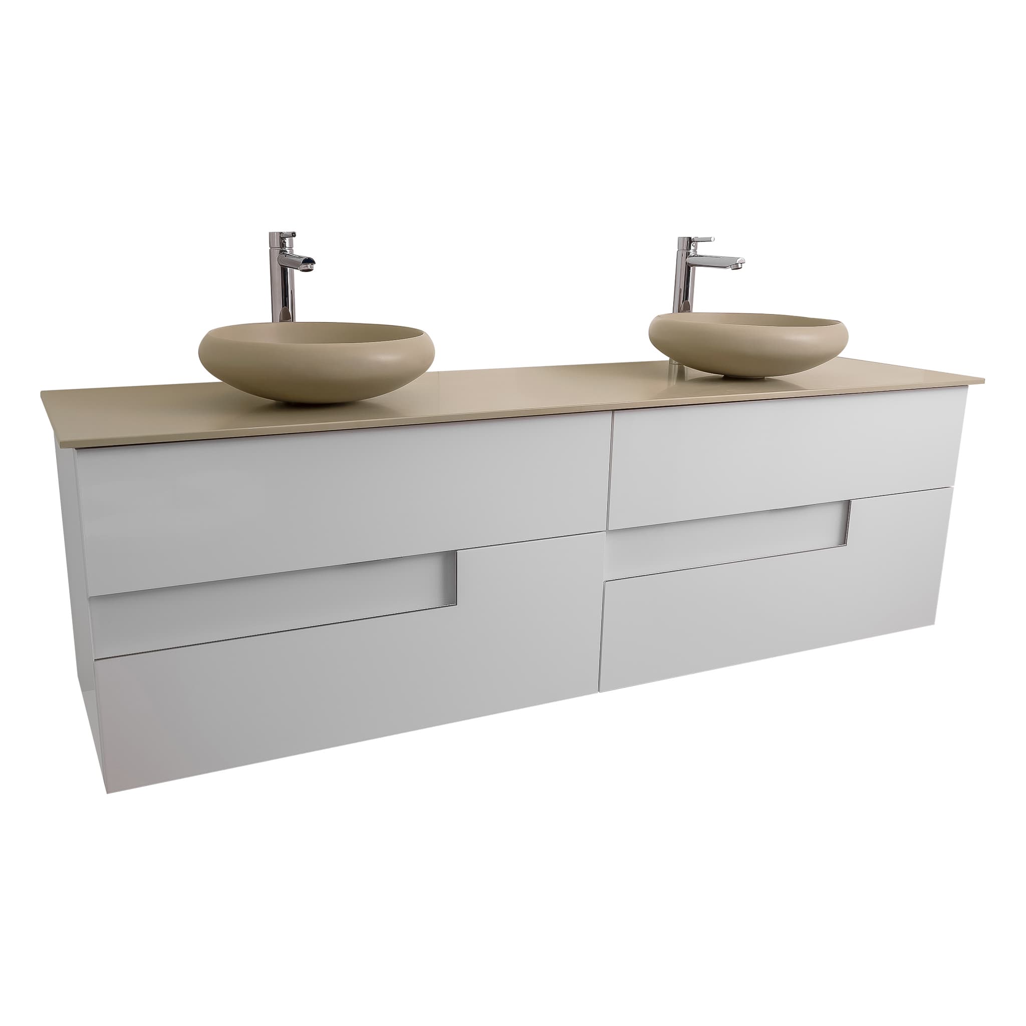 Vision 63 White High Gloss Cabinet, Solid Surface Flat Taupe Counter And Two Round Solid Surface Taupe Basin 1153, Wall Mounted Modern Vanity Set