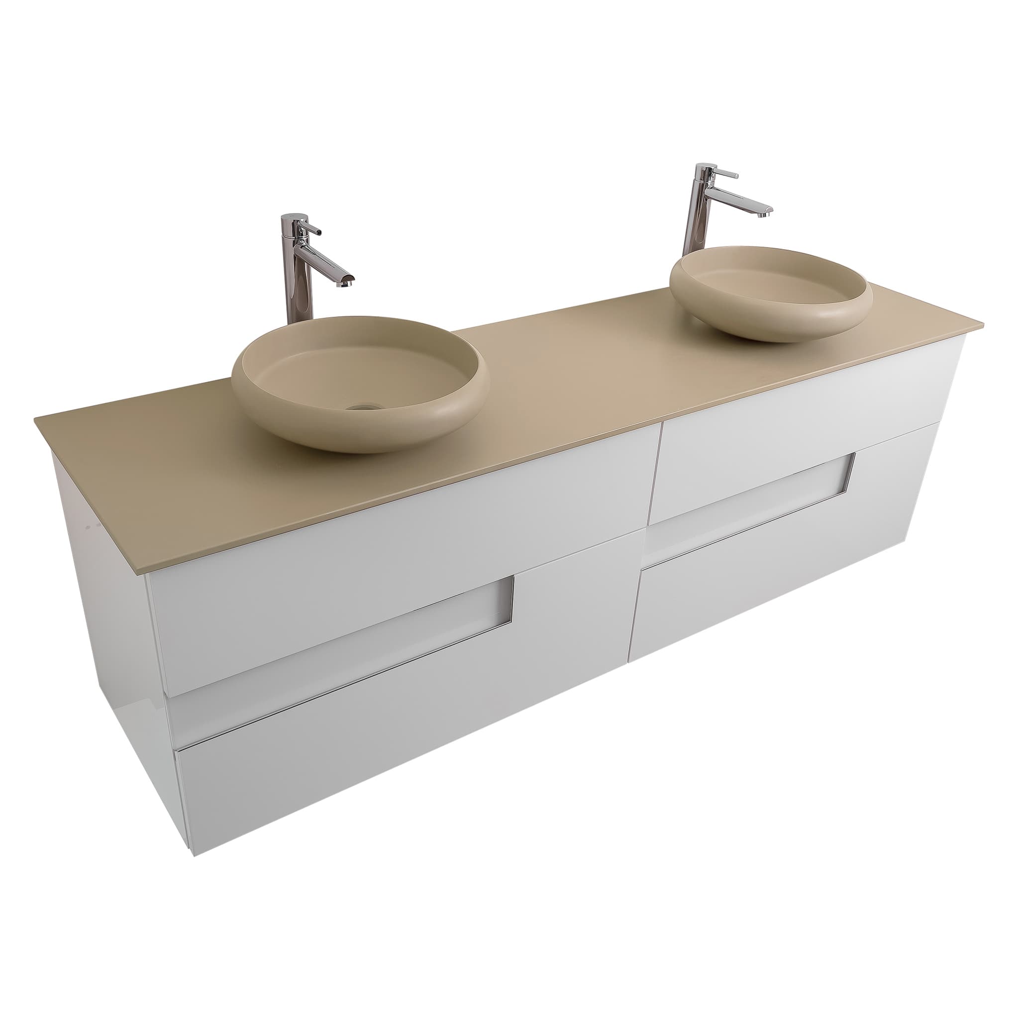 Vision 63 White High Gloss Cabinet, Solid Surface Flat Taupe Counter And Two Round Solid Surface Taupe Basin 1153, Wall Mounted Modern Vanity Set