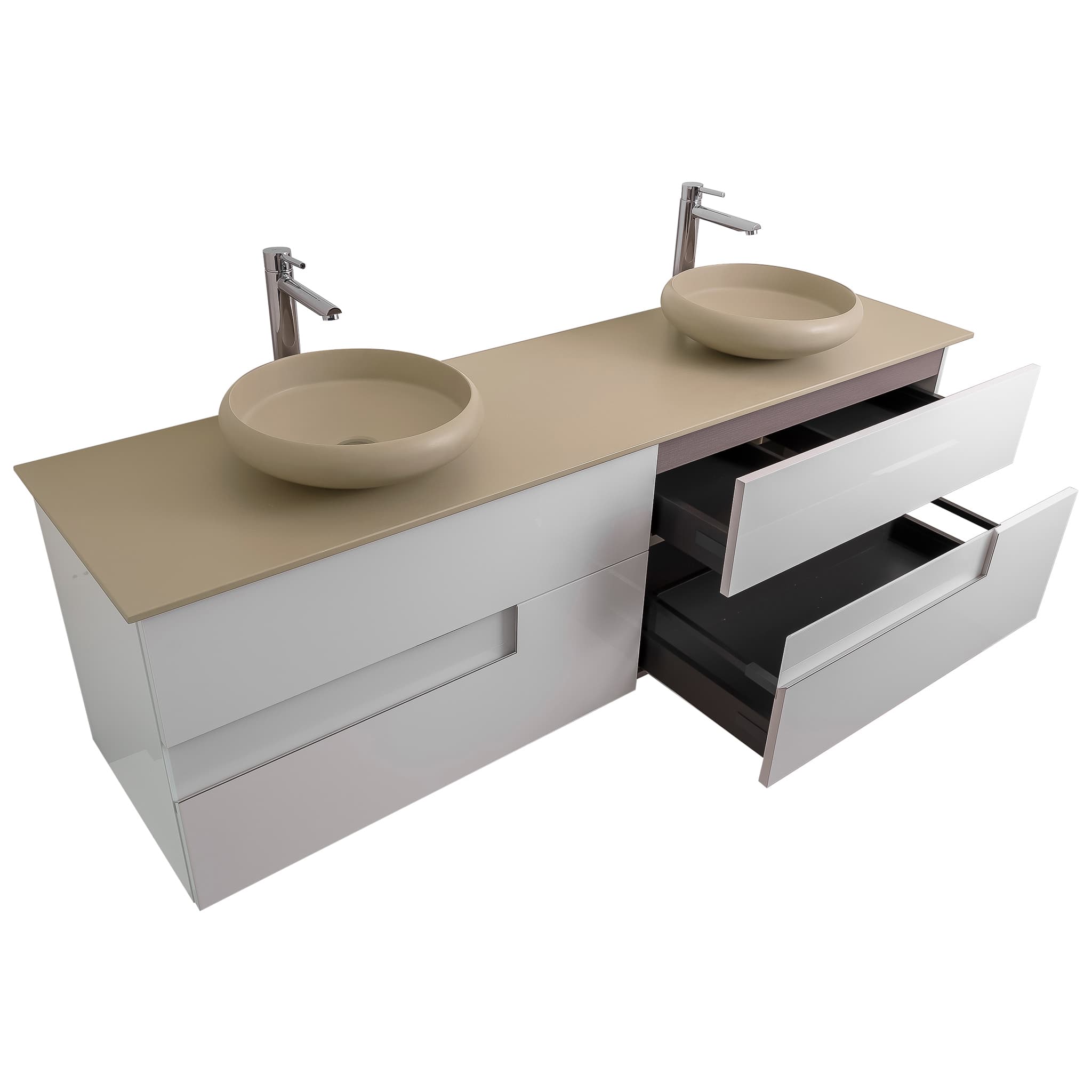 Vision 63 White High Gloss Cabinet, Solid Surface Flat Taupe Counter And Two Round Solid Surface Taupe Basin 1153, Wall Mounted Modern Vanity Set