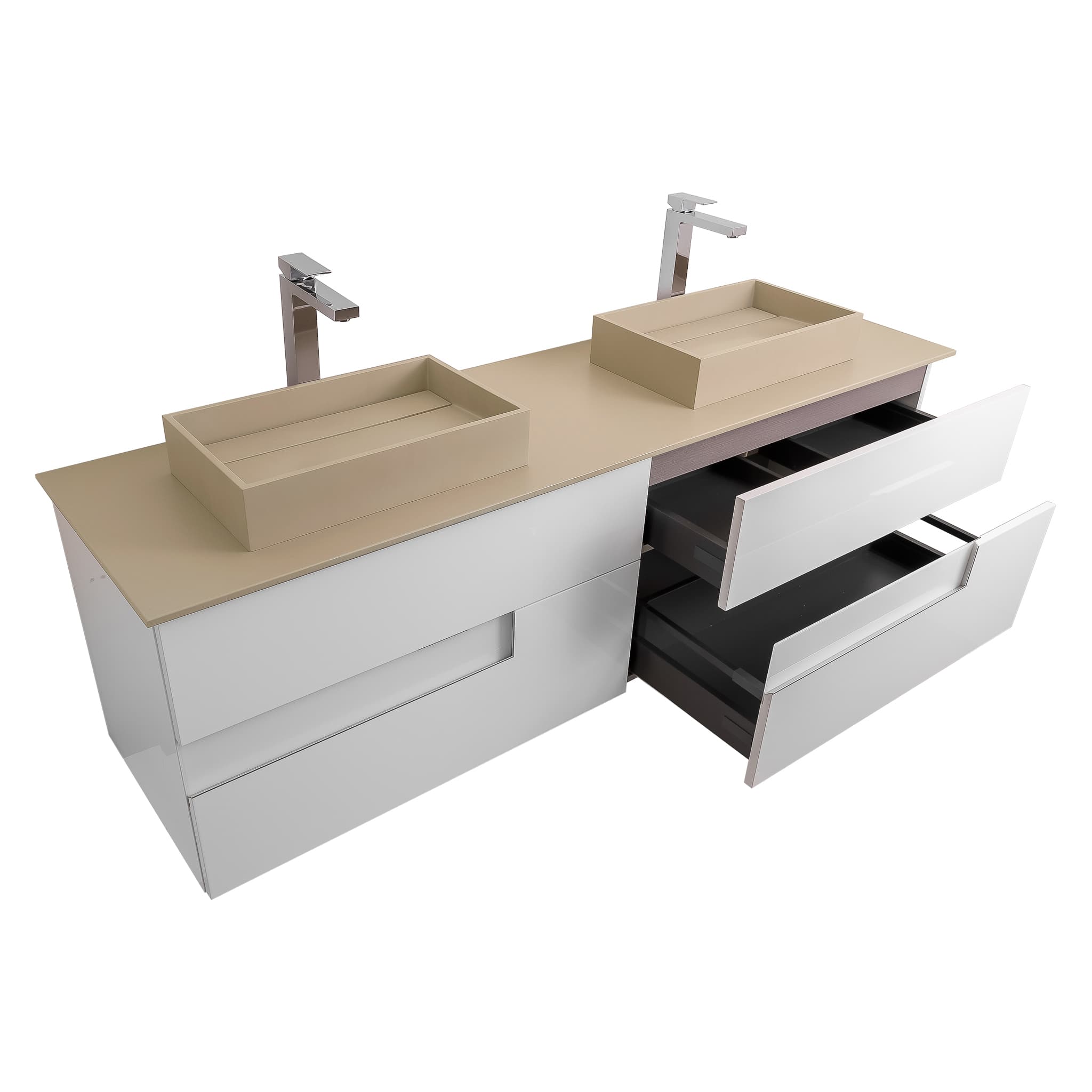 Vision 63 White High Gloss Cabinet, Solid Surface Flat Taupe Counter And Two Infinity Square Solid Surface Taupe Basin 1329, Wall Mounted Modern Vanity Set