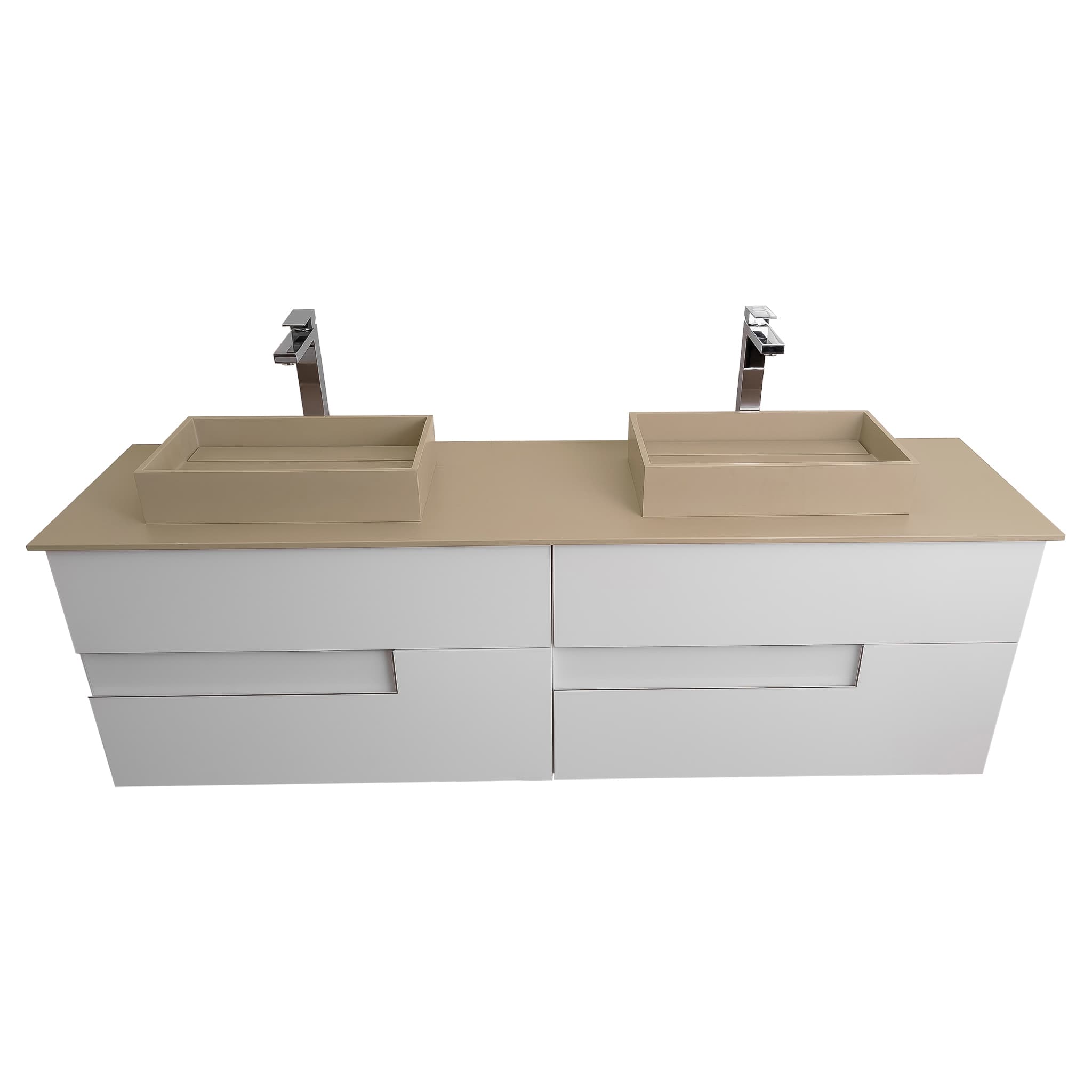 Vision 63 White High Gloss Cabinet, Solid Surface Flat Taupe Counter And Two Infinity Square Solid Surface Taupe Basin 1329, Wall Mounted Modern Vanity Set