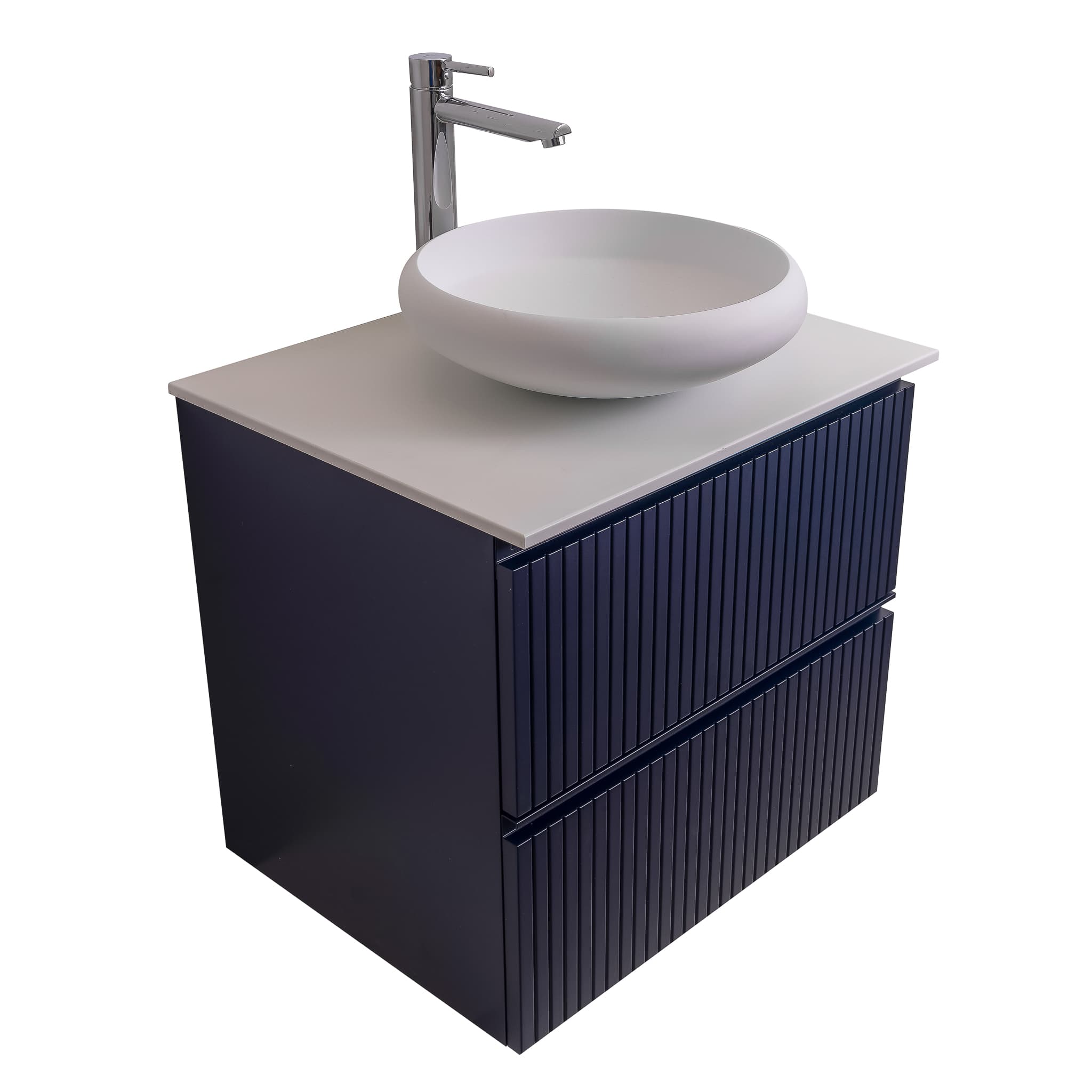 Ares 23.5 Matte Navy Blue Cabinet, Solid Surface Flat White Counter And Round Solid Surface White Basin 1153, Wall Mounted Modern Vanity Set