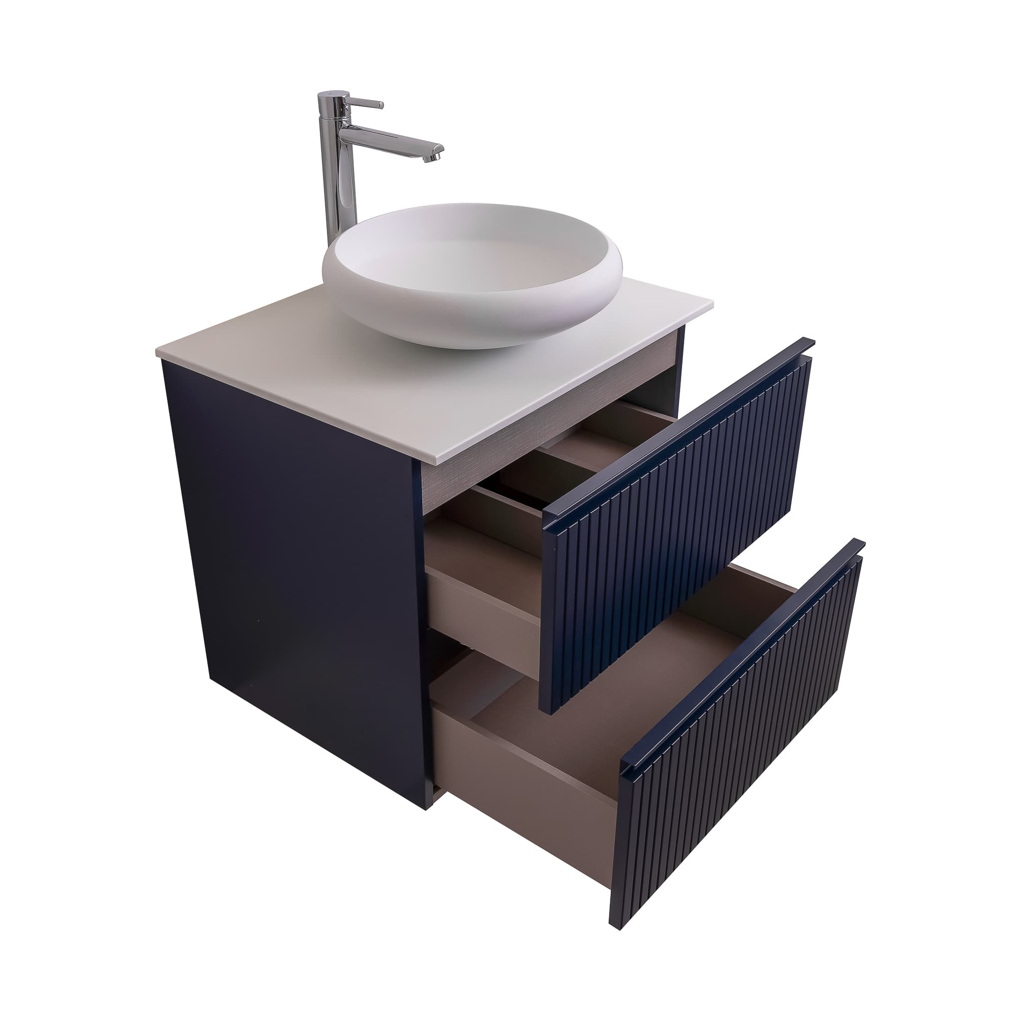 Ares 23.5 Matte Navy Blue Cabinet, Solid Surface Flat White Counter And Round Solid Surface White Basin 1153, Wall Mounted Modern Vanity Set